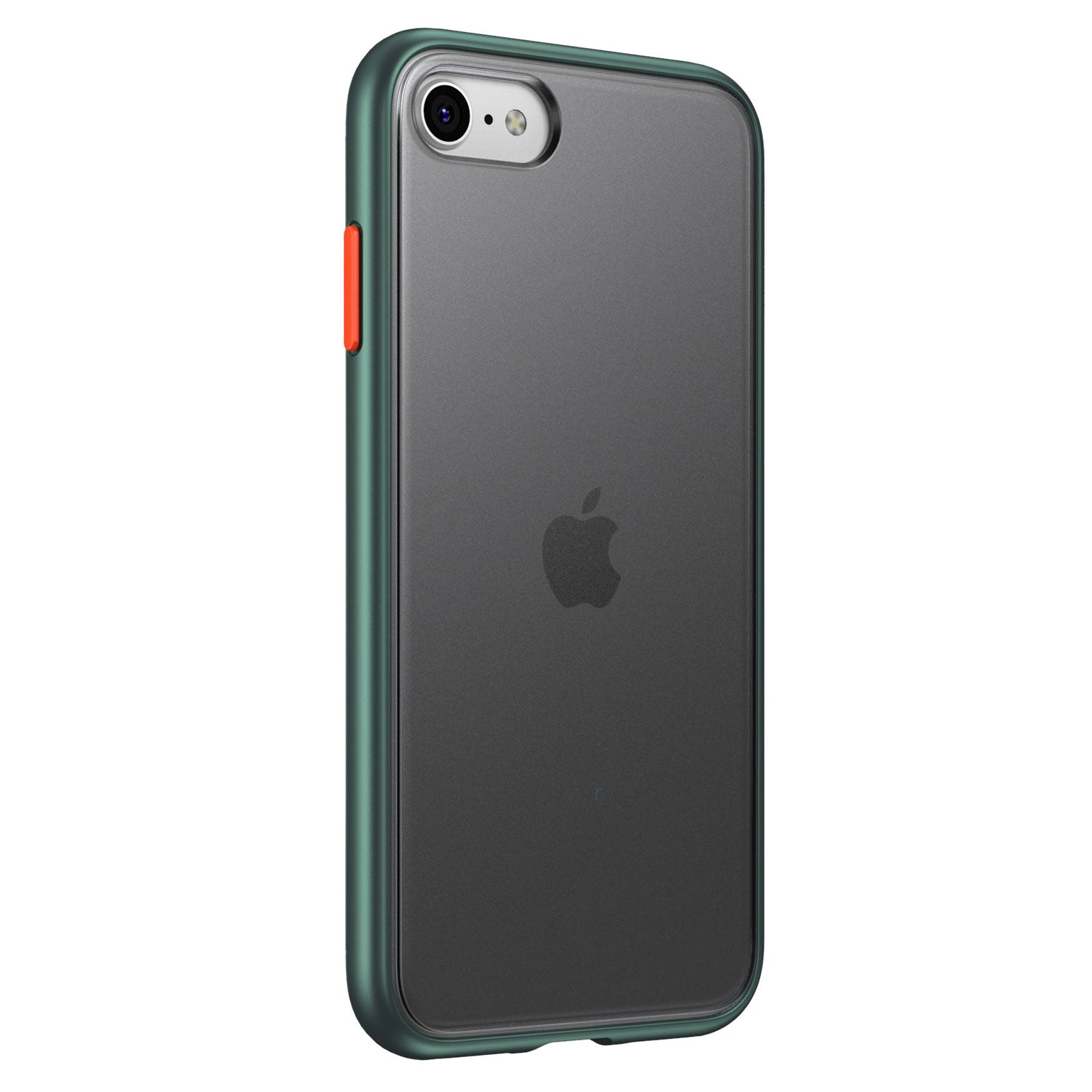 Ein schwarzes iPhone in einem Aviato SECTOR SLIM Case für iPhone SE (2022/2020), dunkelgrün mit orangefarbener Taste, trägt das Apple-Logo und bietet Stoßabsorption der Marke Aviato für zusätzlichen Schutz.