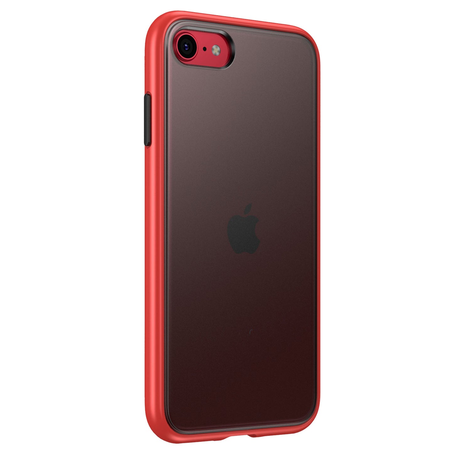 Ein schwarzes iPhone mit einem Aviato SECTOR SLIM Case für iPhone SE (2022/2020) von Aviato, mit transparentem Design mit roten Rändern, Anti-Fingerabdruck-Beschichtung, Stoßabsorption und sichtbarem Apple-Logo auf der Rückseite.