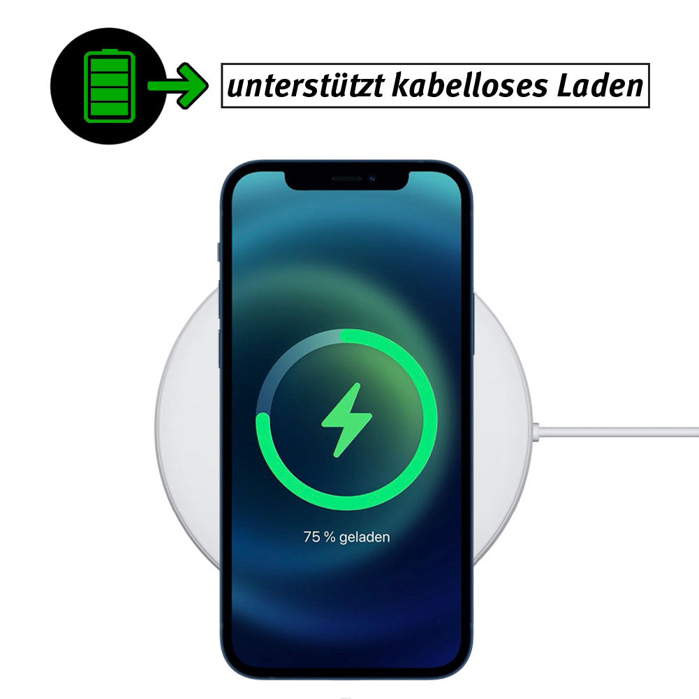 Das iCEO iPhone 13 Pro Silikon Case mit MagSafe liegt auf einer kabellosen Ladestation, Display zeigt Ladevorgang bei 75 %, Text und Icon: „unterstützt kabelloses Laden“, MagSafe-kompatibel, Marke: iCEO.