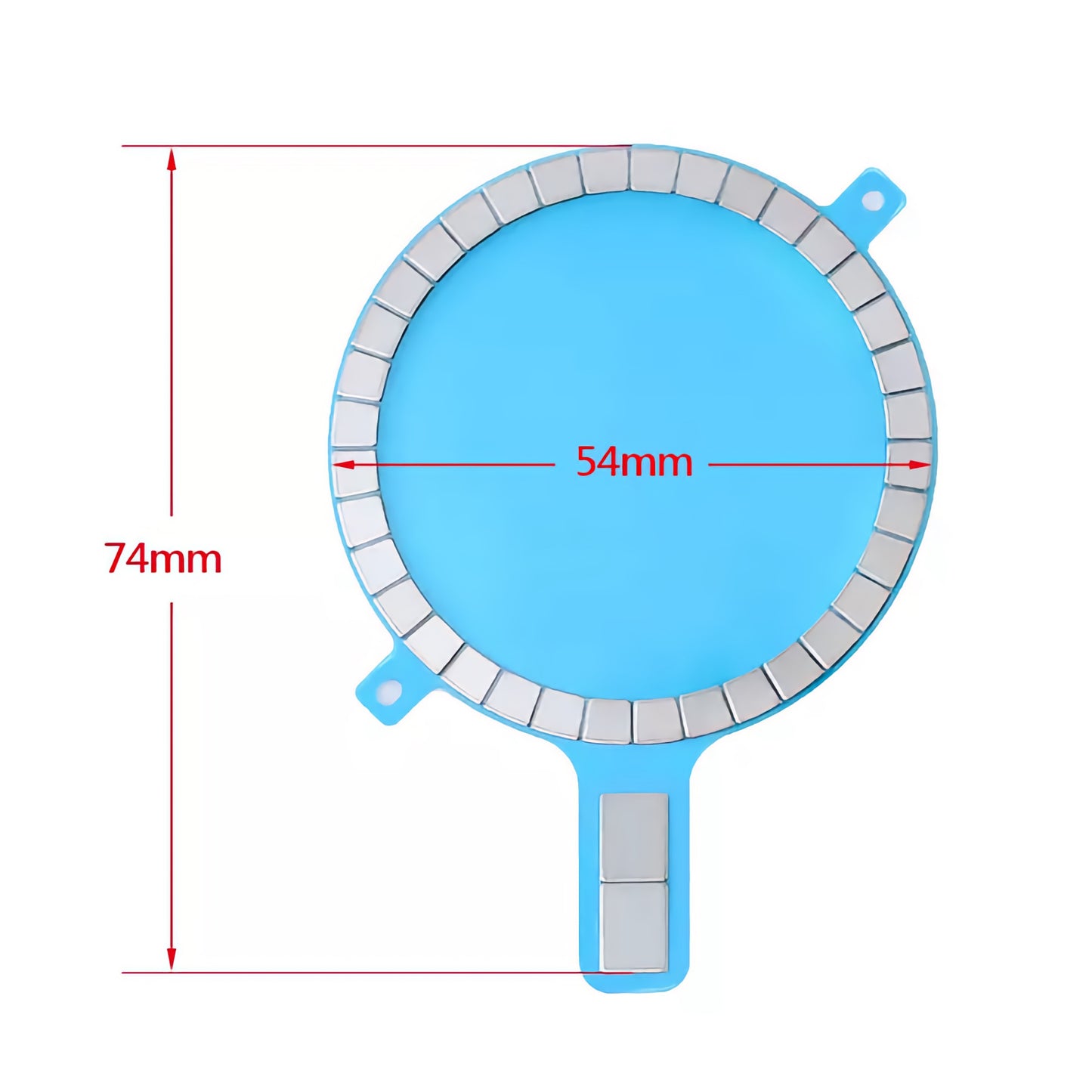 Blaues rundes Gerät mit grauen Segmenten, 74 mm hoch und 54 mm breit (mit Messpfeilen dargestellt). MagSafe-kompatibel zur Verwendung mit ArktisPRO arktis iPhone MagSafe Adapter und iPhone 16e.