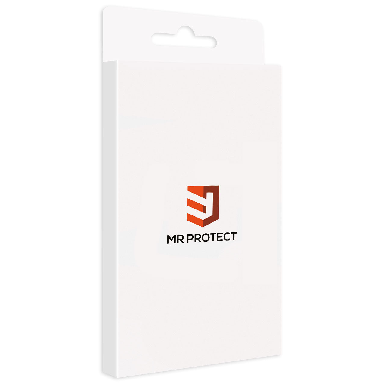Eine weiße rechteckige Schachtel mit Aufhängelasche zeigt das orangerote Schildlogo von MR PROTECT über „MR PROTECT“ in Schwarz und verpackt das MR PROTECT iPhone 14 Pro CLEAR Case mit MagSafe.