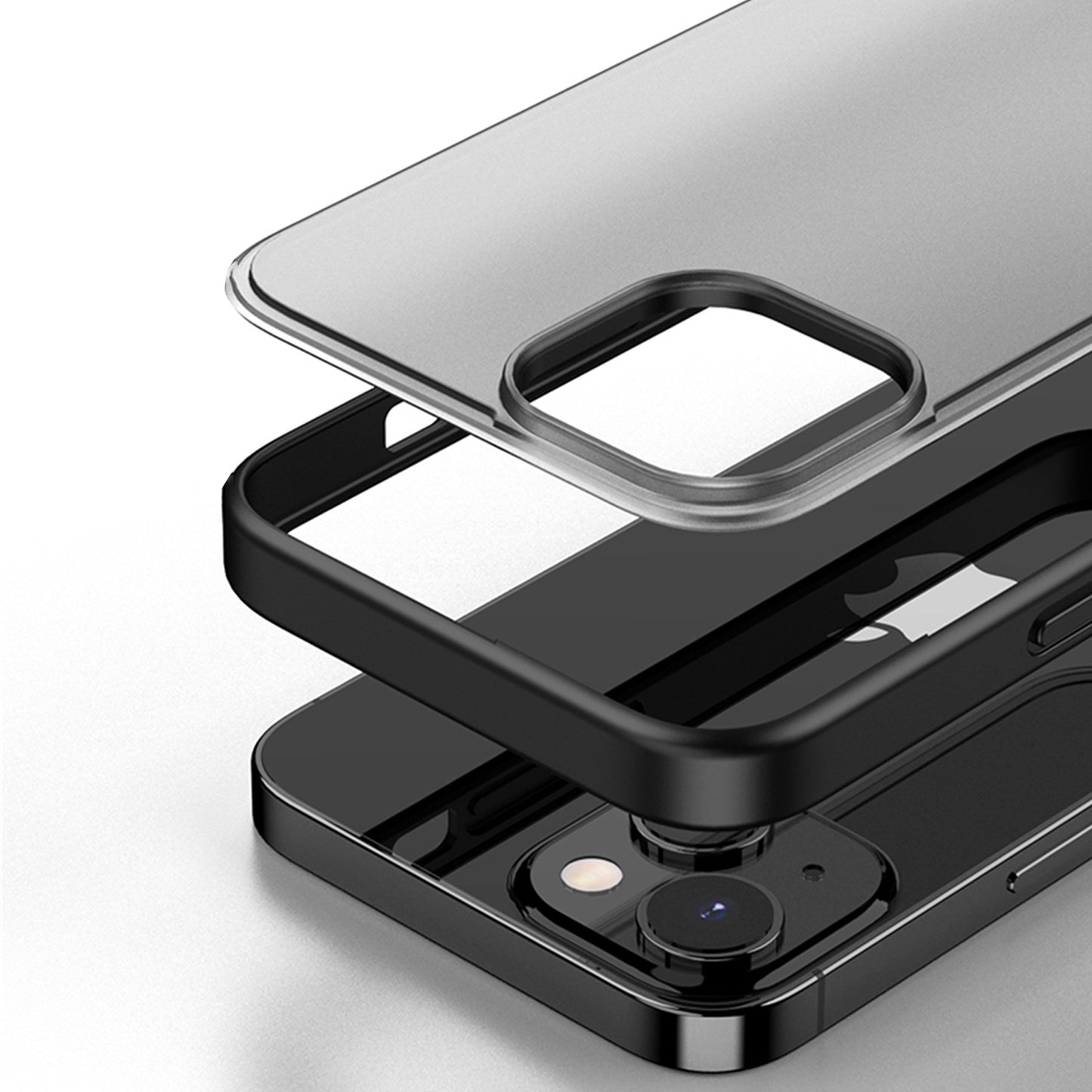 Das Aviato SECTOR SLIM Case für iPhone 13 – Full Black von Aviato wird in einer Explosionsansicht über einem schwarzen Smartphone gezeigt und verfügt über stoßdämpfendes TPU und kratzfestes Polycarbonat für optimalen Schutz.