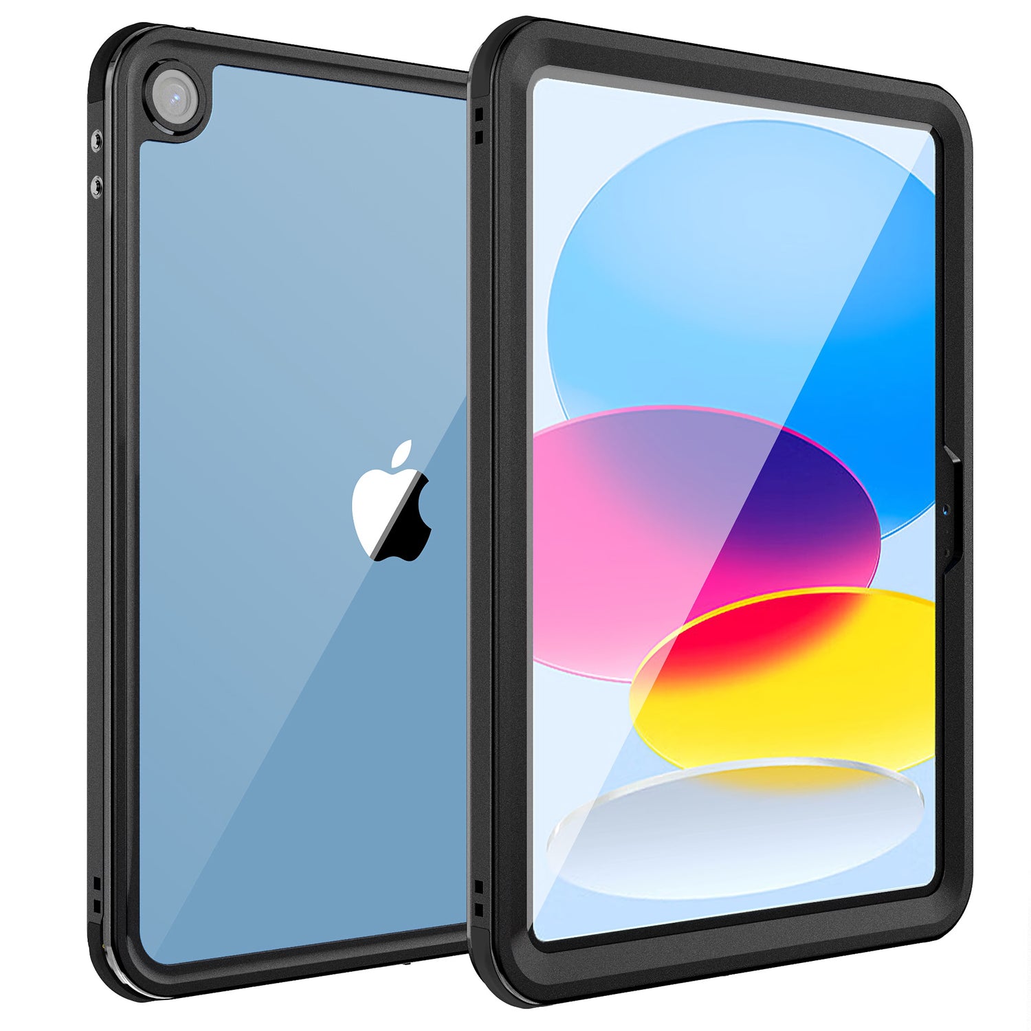 Ein iPad in einer schwarzen ArktisPRO Wasserdichtes iPad 11" (2022/2025) Hülle mit IP68 Schutz und stoßfestem Rahmen, zeigt die Rückseite mit Apple Logo und reflektierendem Display mit bunten Formen.