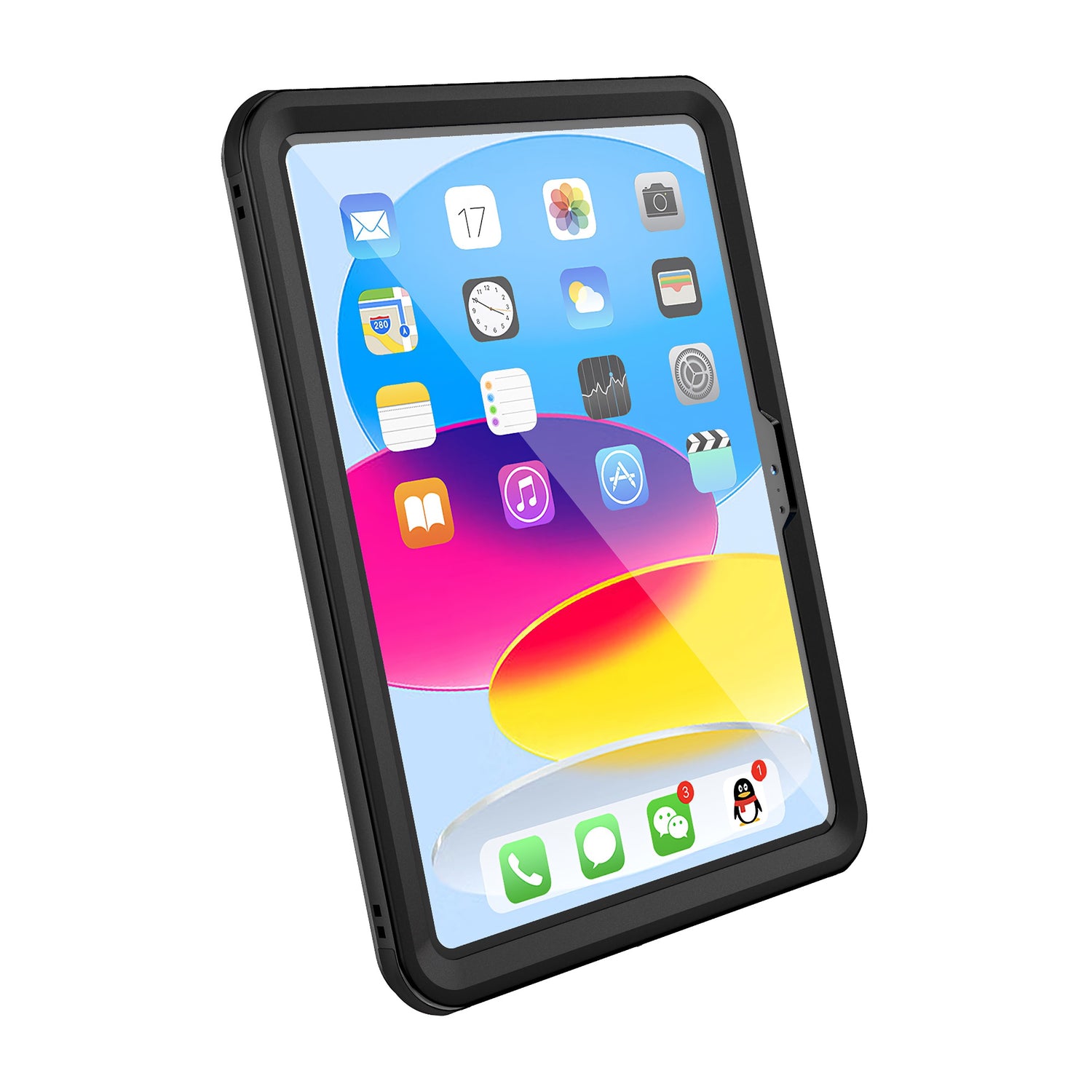 Die wasserdichte ArktisPRO-Hülle für das iPad 11" (2022/2025) von ArktisPRO verfügt über einen stoßfesten Rahmen mit IP68-Schutz, ein robustes schwarzes Design und schützt Ihr iPad, während der farbenfrohe Bildschirm und die App-Symbole angezeigt werden.