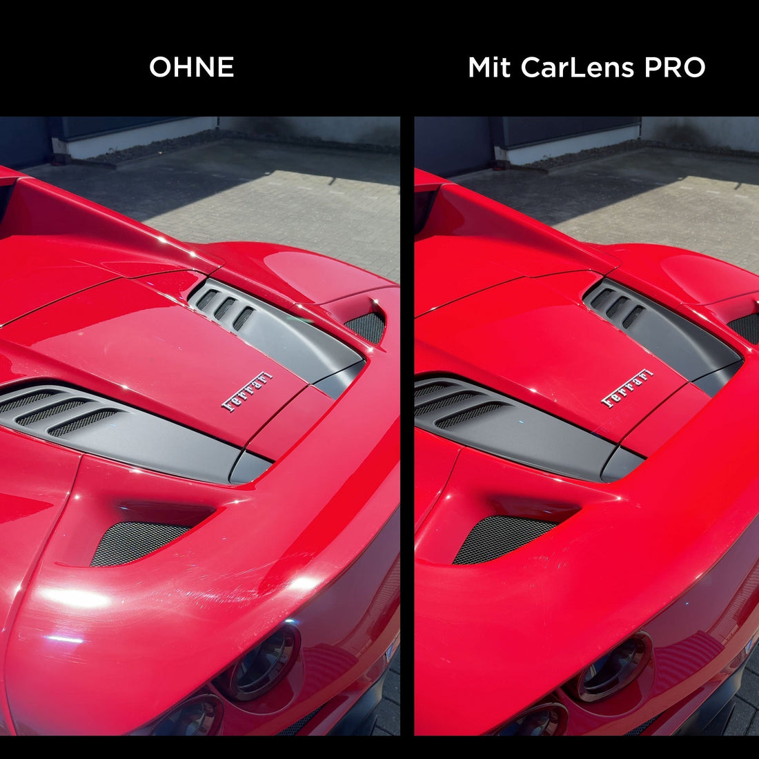 Vergleichbild von einem fotografierten Auto mit und ohne CarLens PRO