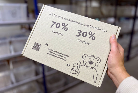 Versandbox aus 70% Altpapier und 30% Grasfaser wird in der Hand gehalten