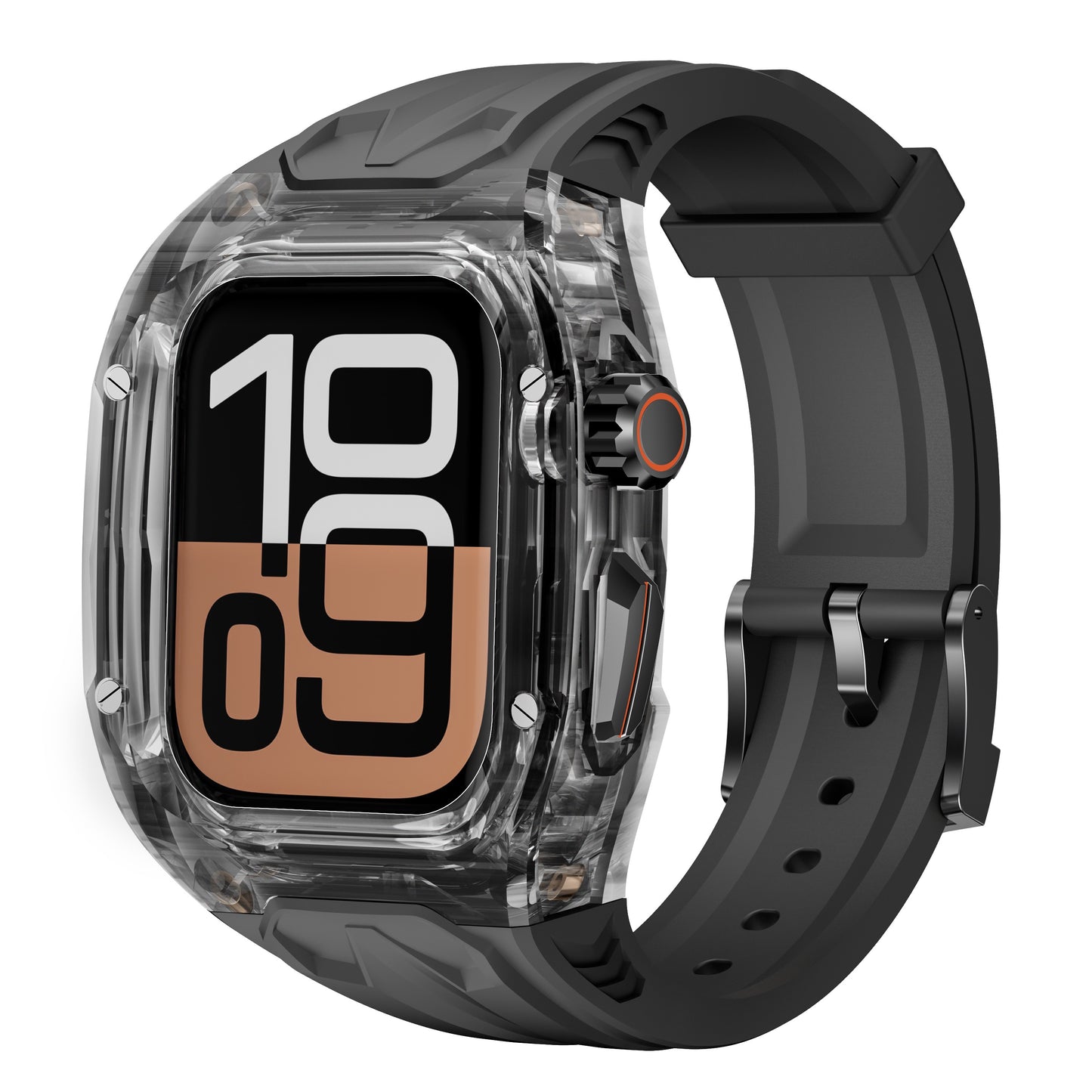 Das arktisband Apple Watch Armband "Armor Fusion" hat ein transparentes Schutzgehäuse, ein schwarzes Armband und eine auffällige schwarz-weiße Digitalanzeige.