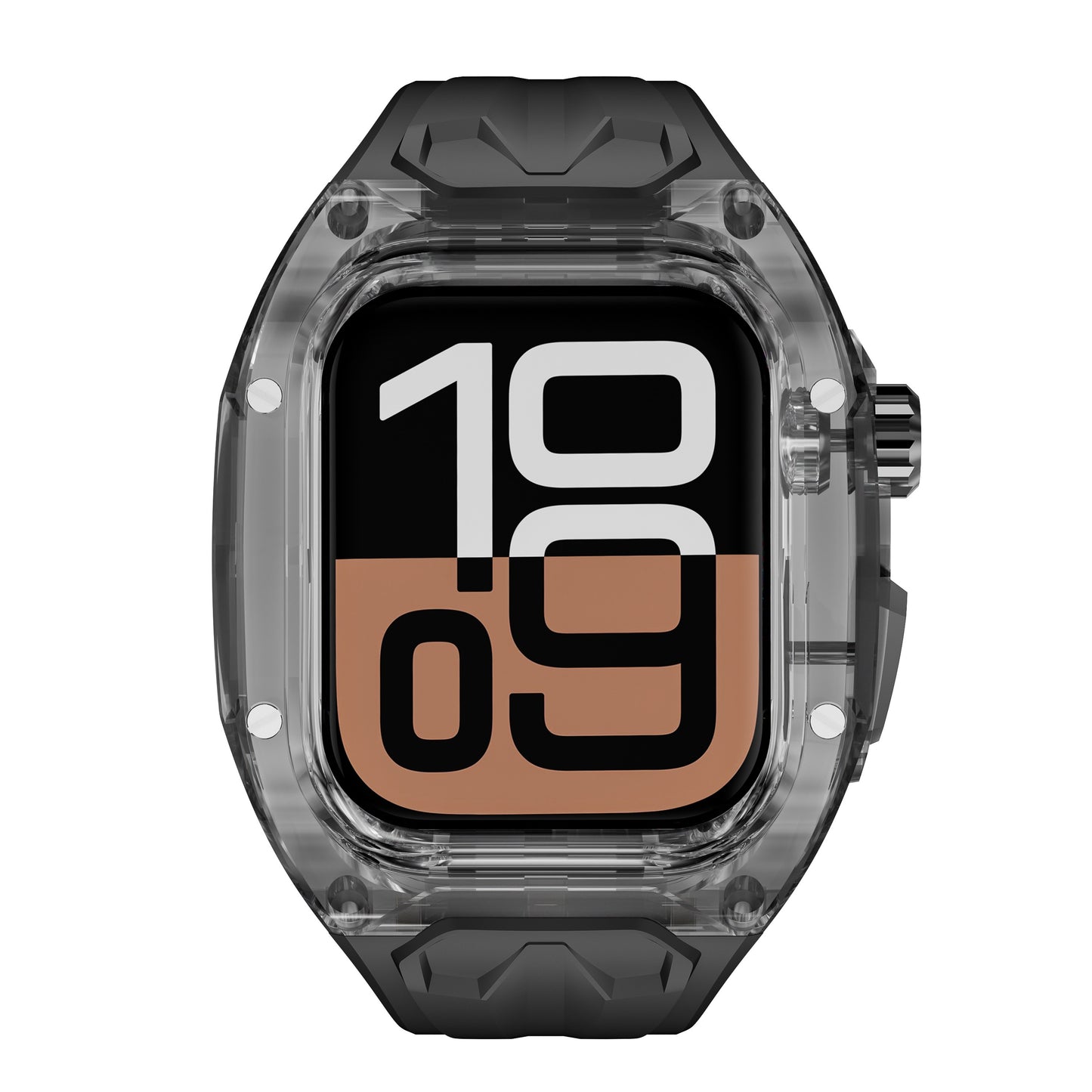Das arktisband Apple Watch Armband "Armor Fusion" verfügt über ein robustes, transparentes schwarzes Gehäuse, das die Uhrzeit 10:09 anzeigt.