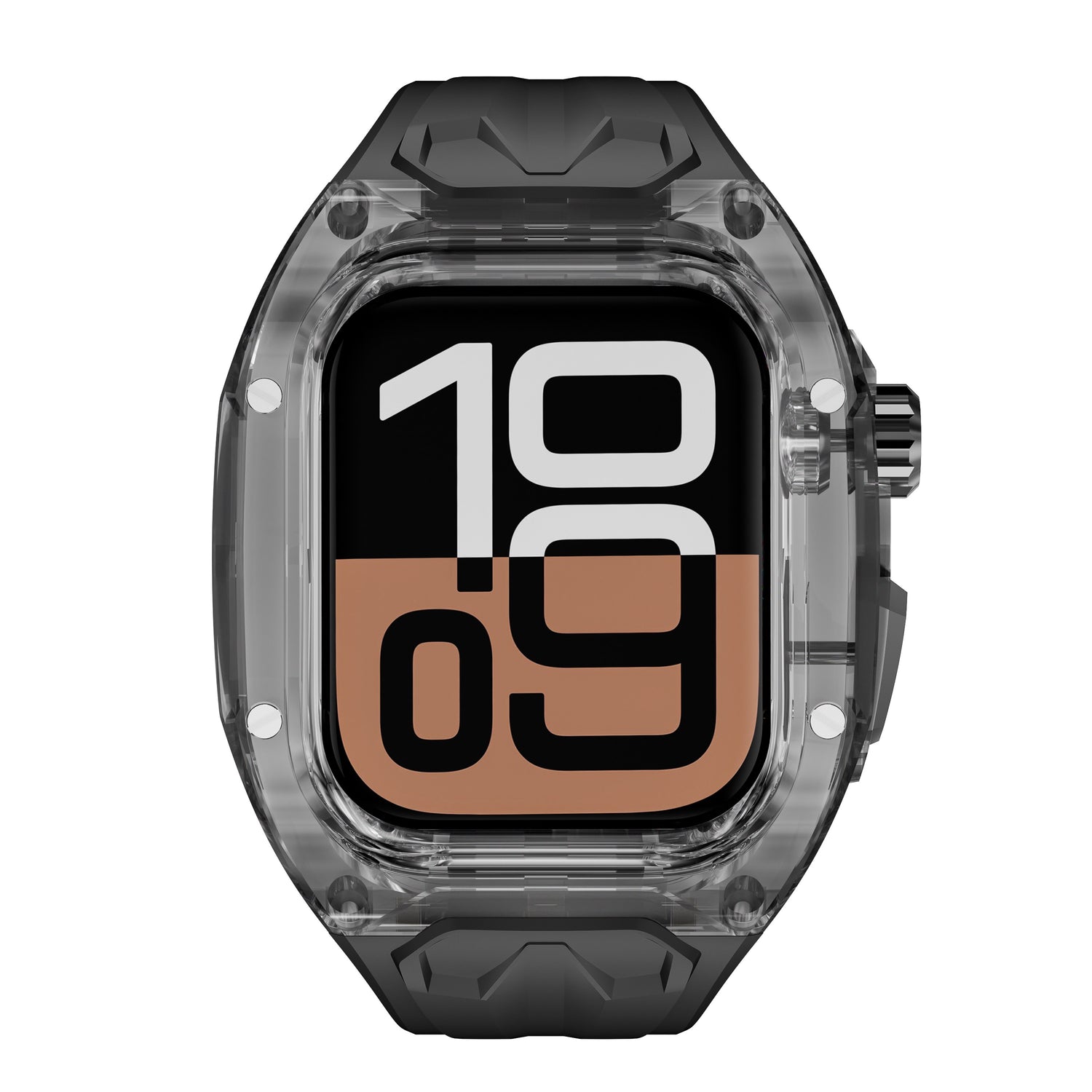Das arktisband Apple Watch Armband "Armor Fusion" verfügt über ein robustes, transparentes schwarzes Gehäuse, das die Uhrzeit 10:09 anzeigt.