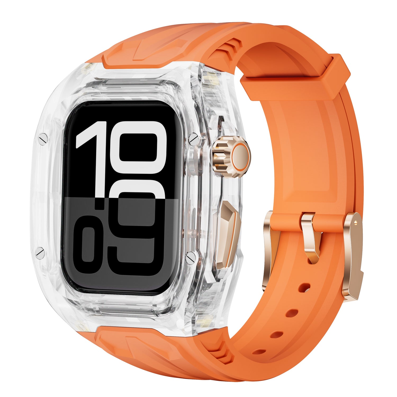 Das arktisband Apple Watch Armband "Armor Fusion" hat ein durchsichtiges Gehäuse und ein orangefarbenes Band, das eine digitale Uhrzeit von 10:09 anzeigt.