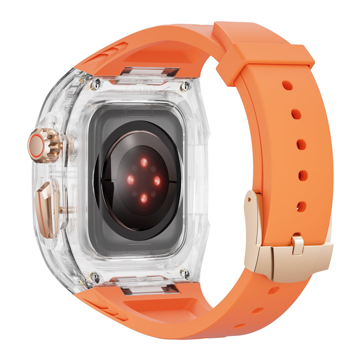 Das arktisband Apple Watch Armband "Armor Fusion" hat ein orangefarbenes Band und ein transparentes Gehäuse, das die Sensoren auf der Rückseite sichtbar macht.