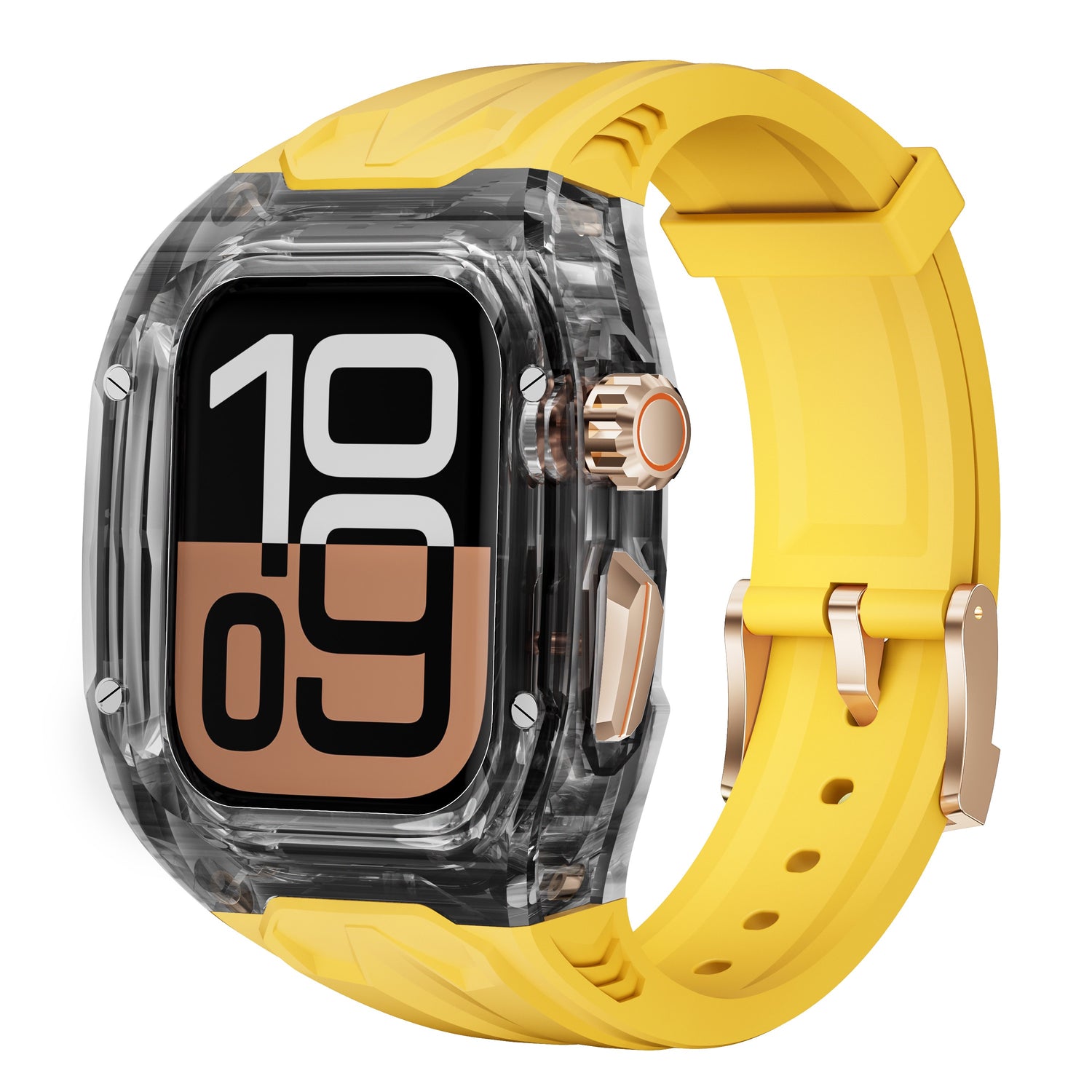 Das arktisband Apple Watch Armband "Armor Fusion" hat ein gelbes Design, ein transparentes Gehäuse, ein großes digitales Display und goldene Akzente an der Krone und Schnalle.