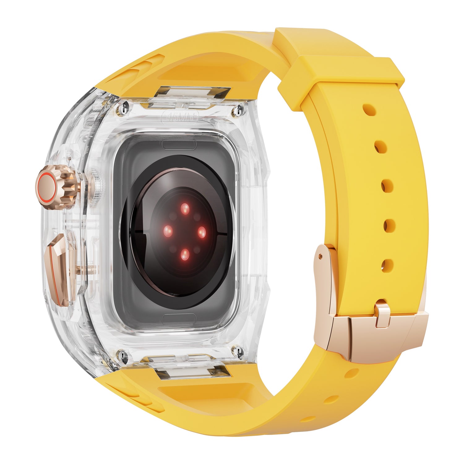 Das arktisband Apple Watch Armband "Armor Fusion" hat ein durchsichtiges Gehäuse, ein gelbes Armband und eine goldene Schnalle, die von der Rückseite gezeigt wird, um die Sensoren zu zeigen.