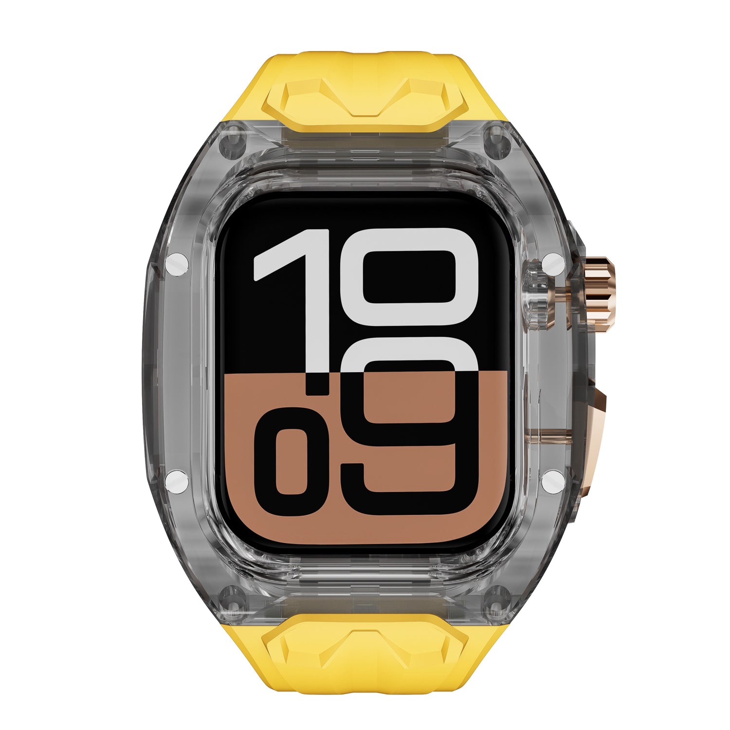 Das arktisband Apple Watch Armband "Armor Fusion" hat ein gelbes Band, ein transparentes Gehäuse und eine auffällige Digitalanzeige mit der Uhrzeit 10:09.