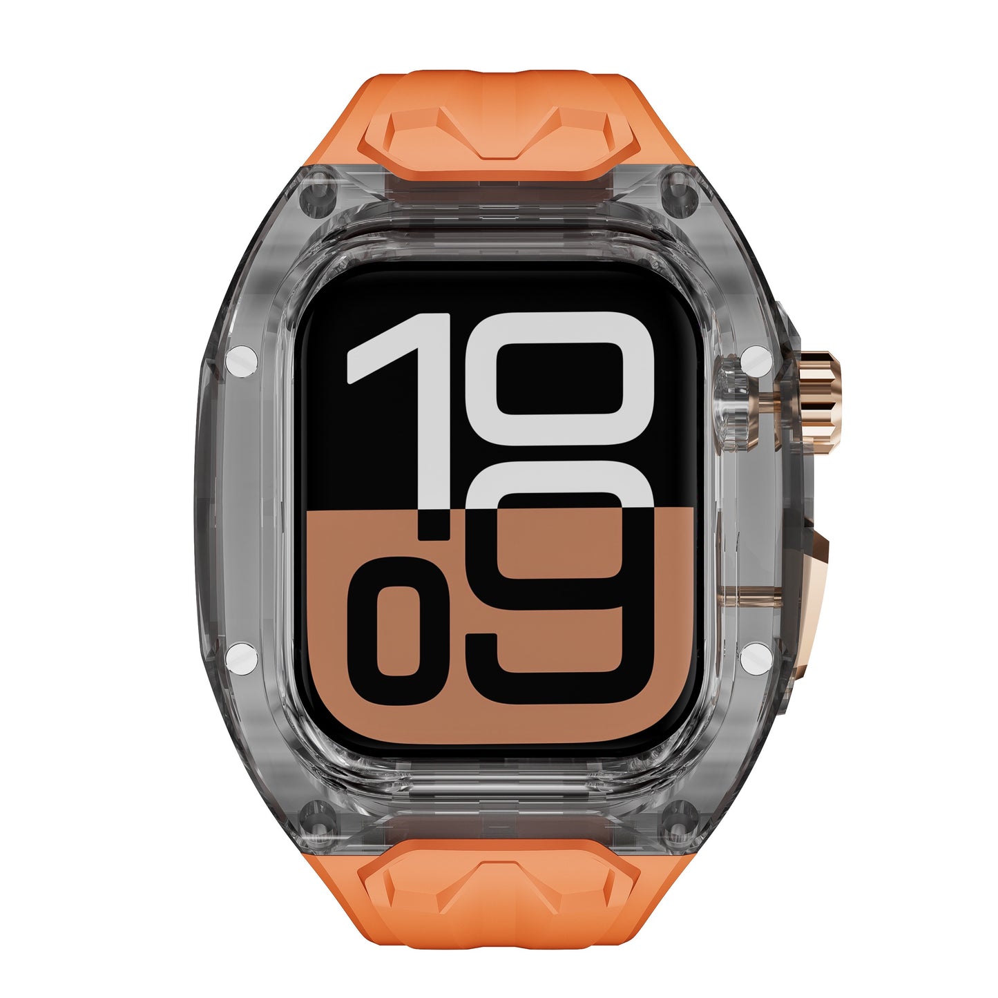 Das arktisband Apple Watch Armband "Armor Fusion" hat ein transparentes Gehäuse, ein leuchtend orangefarbenes Armband und eine auffällige Digitalanzeige, die auf 10:09 eingestellt ist.