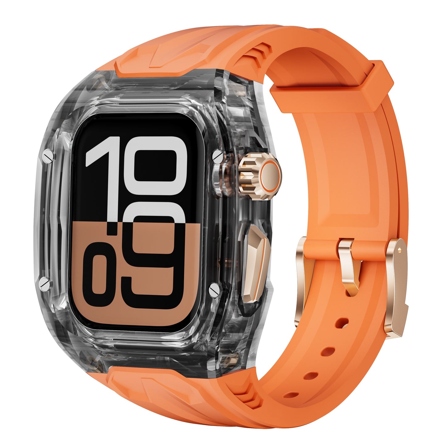 Das arktisband Apple Watch Armband "Armor Fusion" hat ein transparentes Gehäuse und ein orangefarbenes Band, auf dem eine Digitaluhr angezeigt wird.