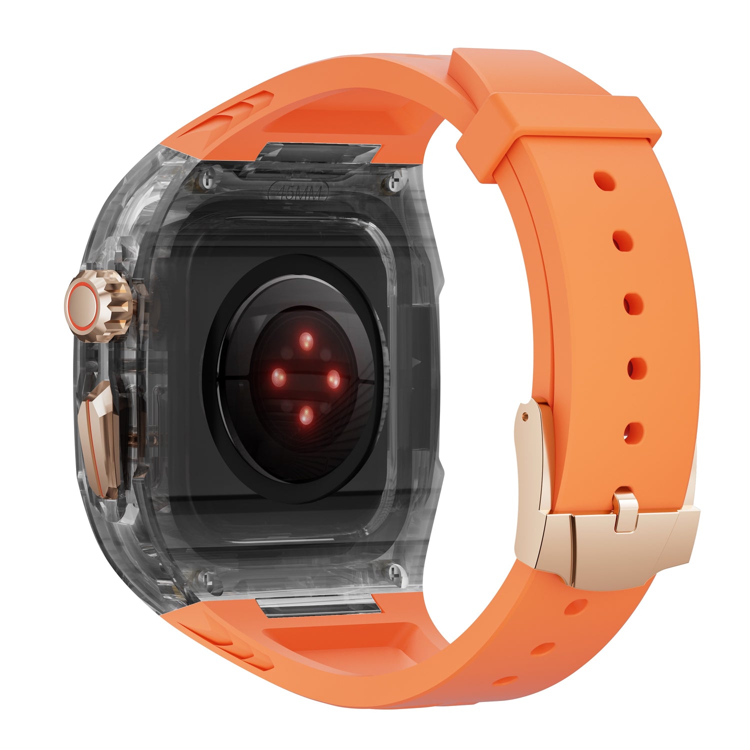 Das arktisband Apple Watch Armband "Armor Fusion" von arktisband hat ein orangefarbenes Band und ein transparentes Gehäuse, das den Herzfrequenzsensor auf der Rückseite zeigt.