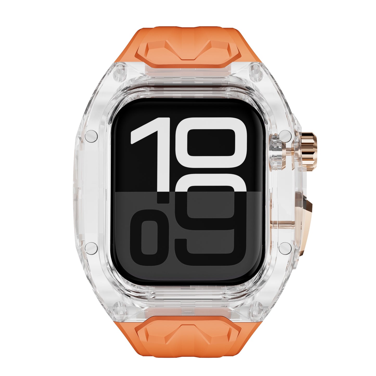 Das arktisband Apple Watch Armband "Armor Fusion" hat ein durchsichtiges Gehäuse, ein orangefarbenes Armband und auffällige schwarz-weiße Digitalzahlen auf dem Display.