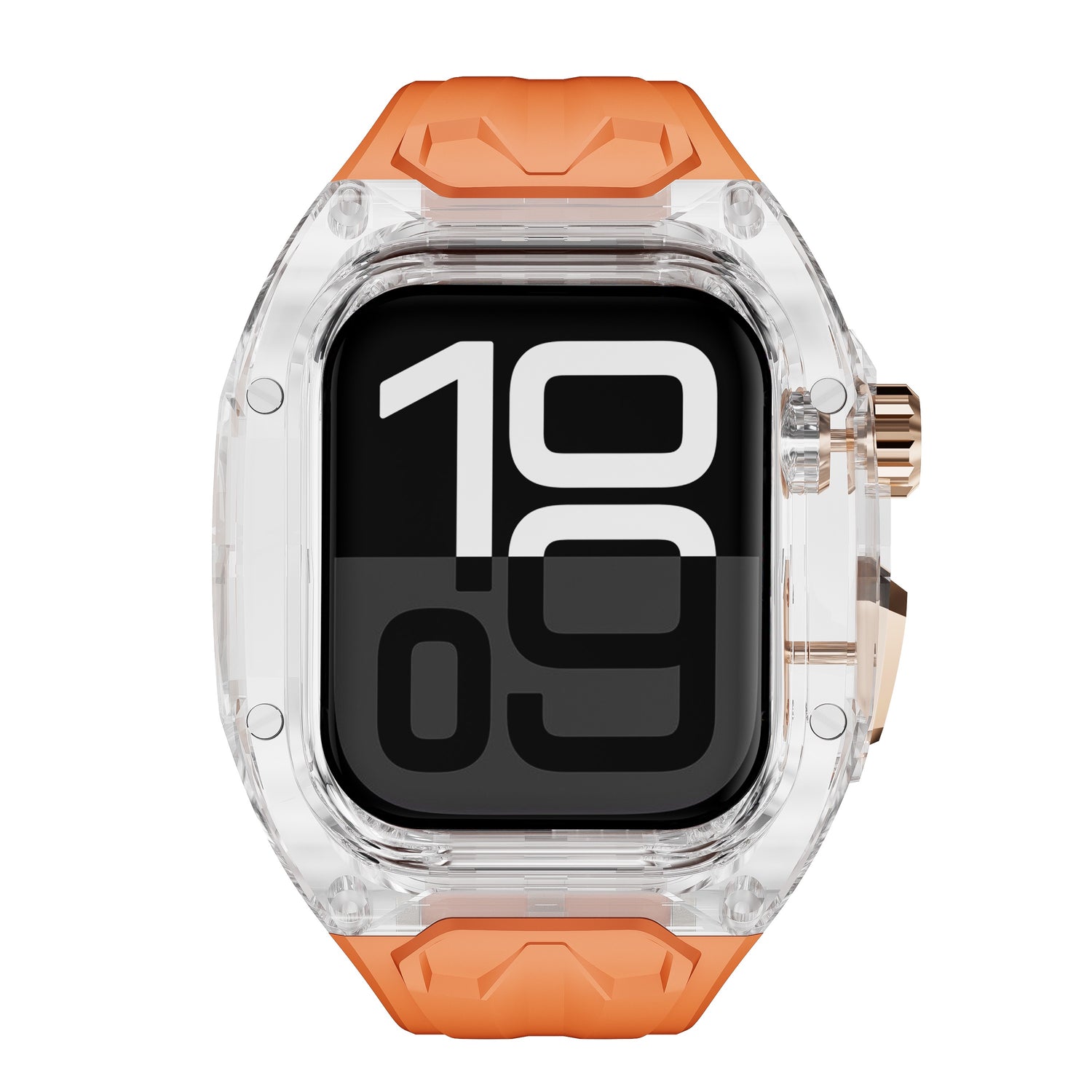 Das arktisband Apple Watch Armband "Armor Fusion" hat ein durchsichtiges Gehäuse, ein orangefarbenes Armband und auffällige schwarz-weiße Digitalzahlen auf dem Display.