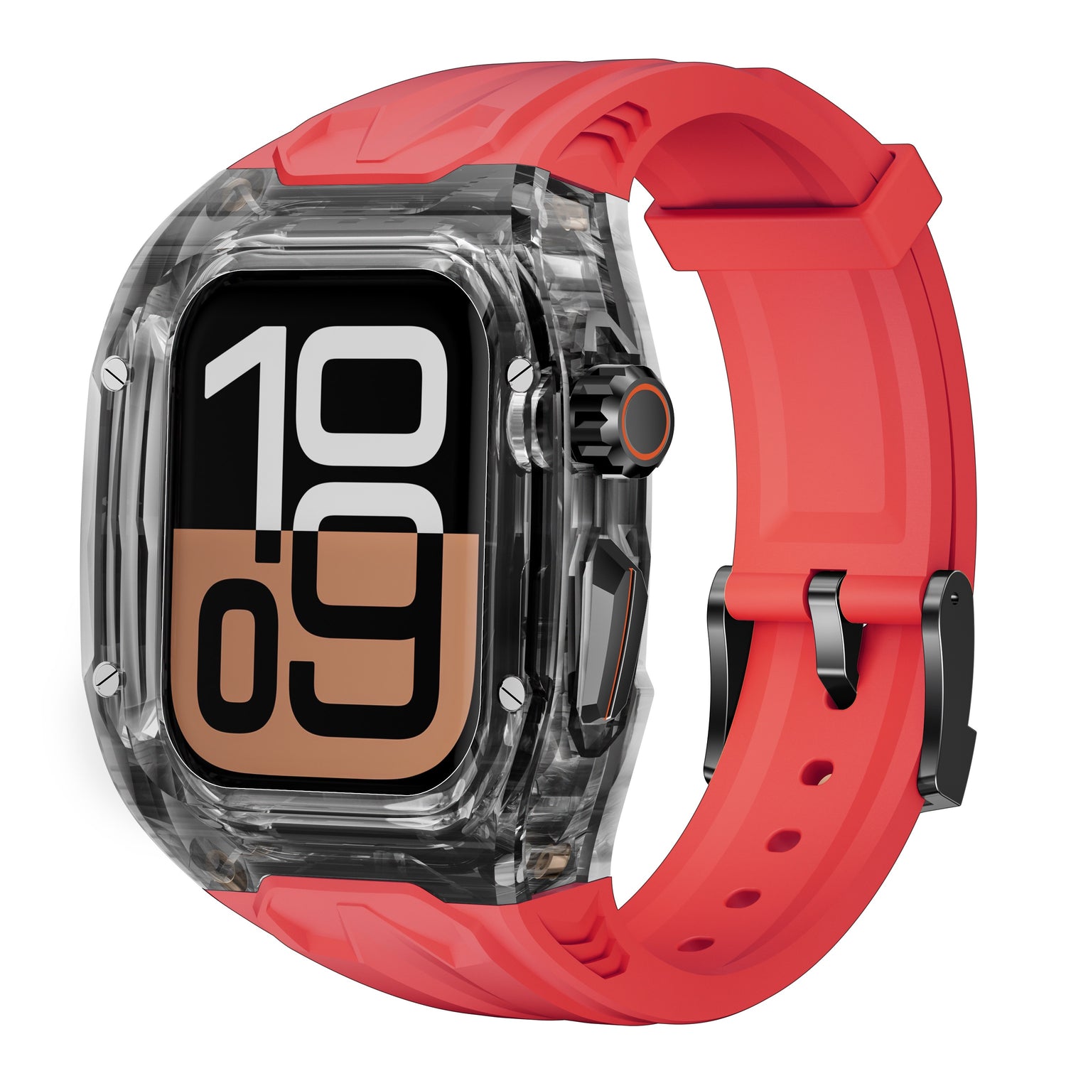 Das arktisband Apple Watch Armband "Armor Fusion" von arktisband verfügt über ein auffälliges digitales Display, eine klare Schutzhülle und ein leuchtend rotes Sportband.