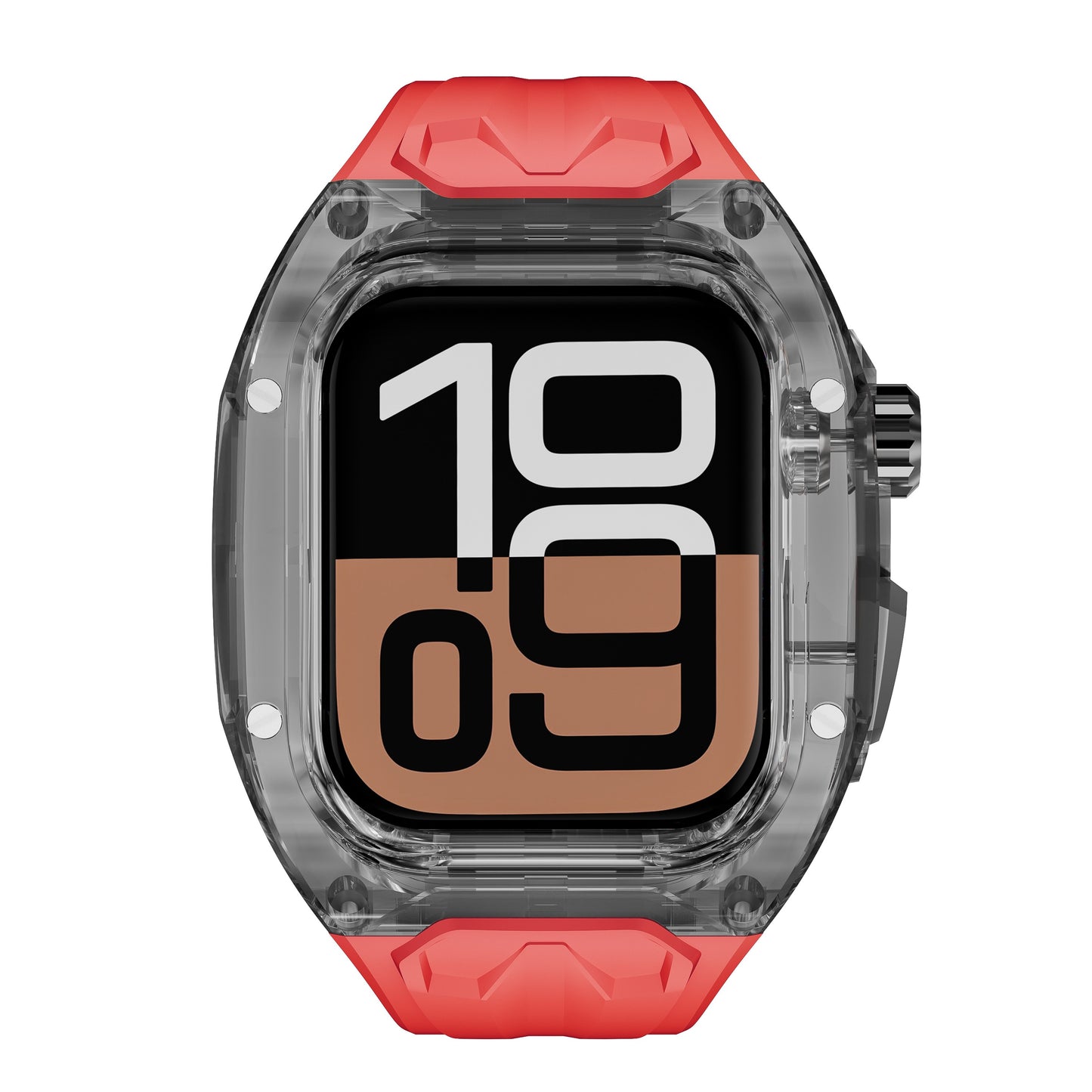 Das arktisband Apple Watch Armband "Armor Fusion" verfügt über ein transparentes Gehäuse, korallenrote Akzente und eine auffällige Digitalanzeige mit "10:09".