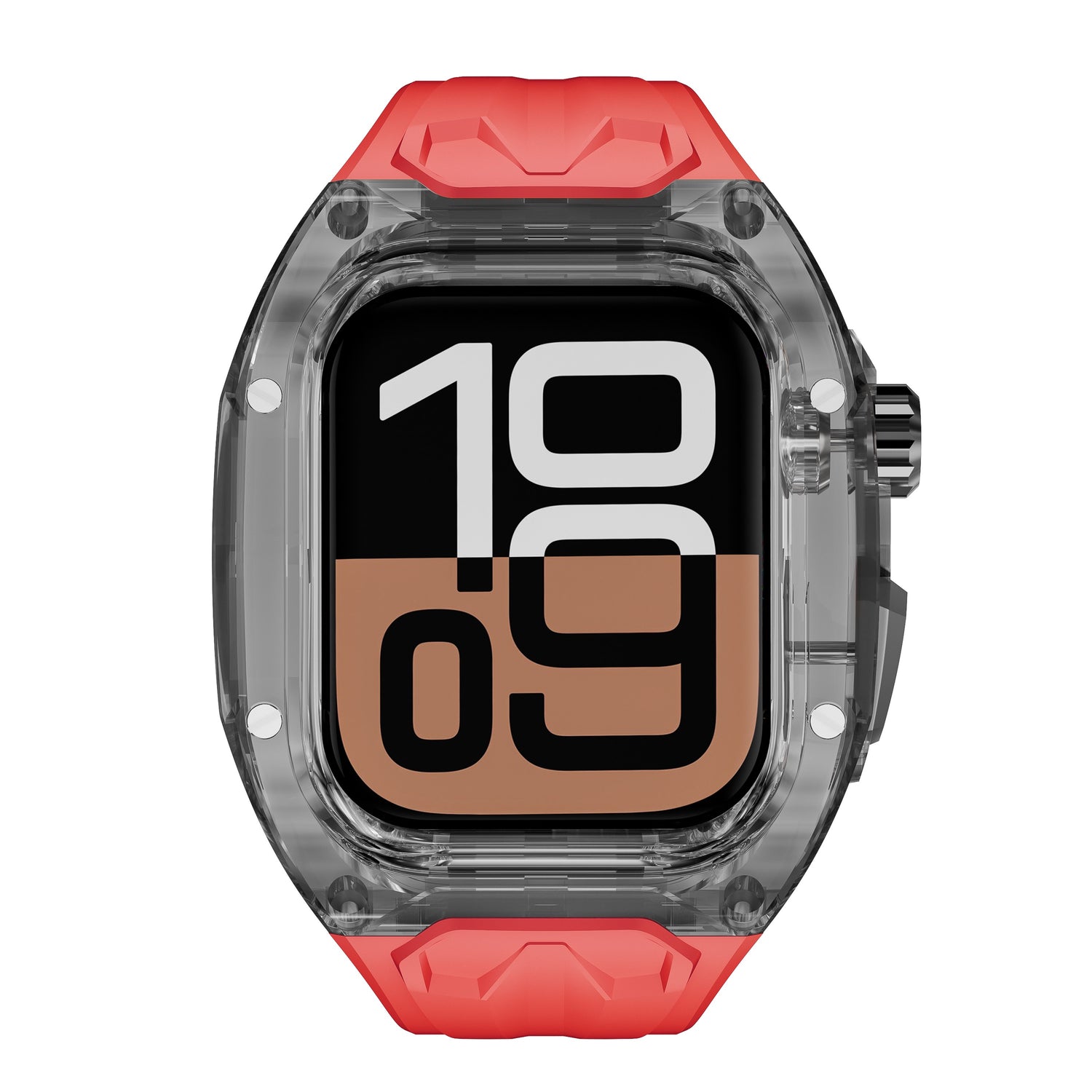 Das arktisband Apple Watch Armband "Armor Fusion" verfügt über ein transparentes Gehäuse, korallenrote Akzente und eine auffällige Digitalanzeige mit "10:09".