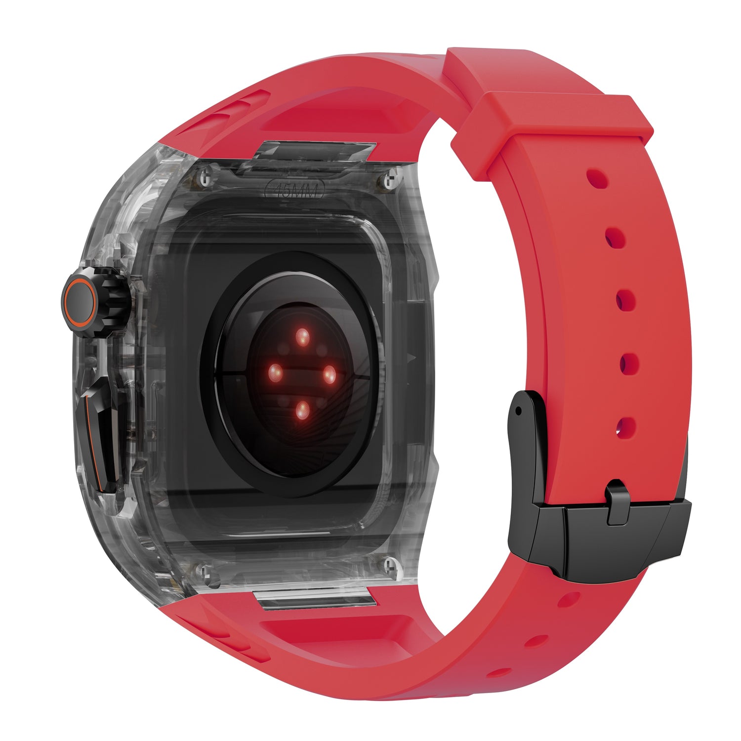 Das arktisband Apple Watch Armband "Armor Fusion" von arktisband hat ein durchsichtiges Gehäuse, ein rotes Armband, eine schwarze Schnalle und leuchtende Sensoren auf der Rückseite.