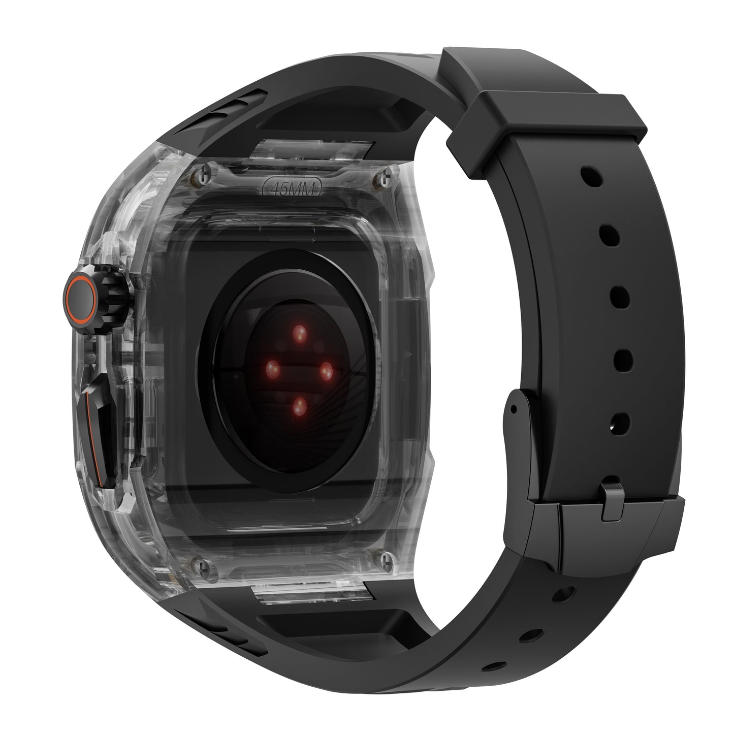 Das arktisband Apple Watch Armband "Armor Fusion" verfügt über ein transparentes Gehäuse, sichtbare Sensoren und ein schwarzes, verstellbares Armband.