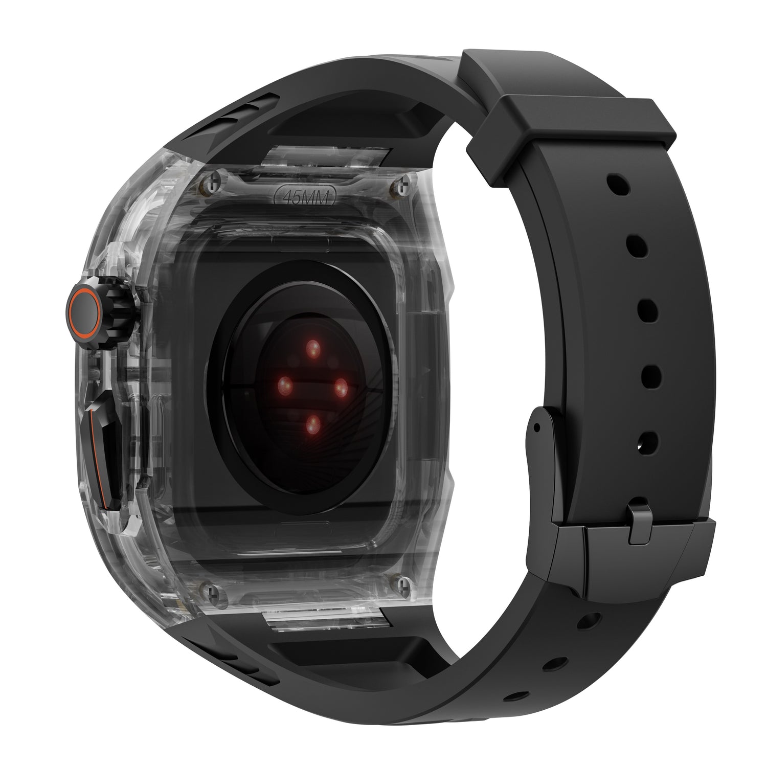 Das arktisband Apple Watch Armband "Armor Fusion" verfügt über ein transparentes Gehäuse, sichtbare Sensoren und ein schwarzes, verstellbares Armband.