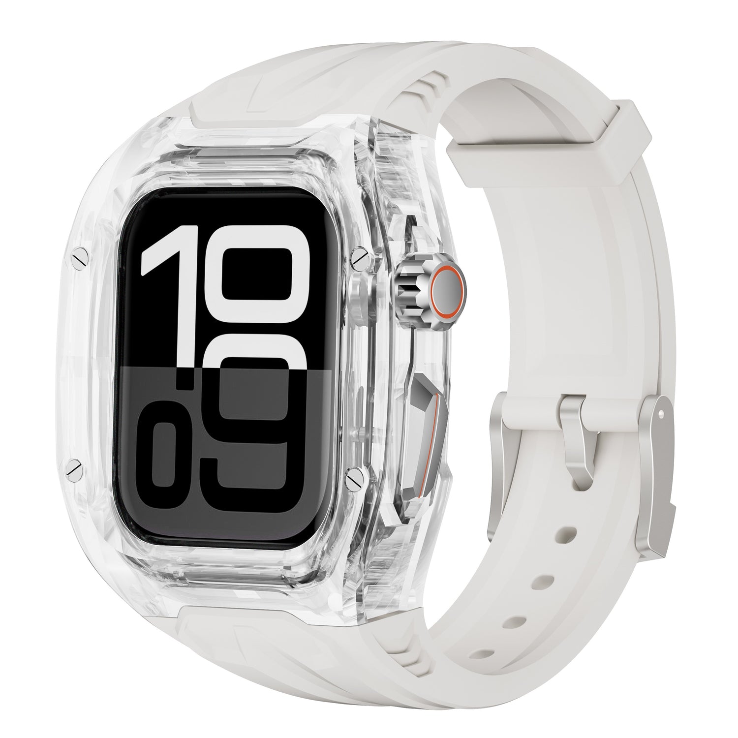Das arktisband Apple Watch Armband "Armor Fusion" besteht aus einer weißen Smartwatch mit durchsichtigem Schutzgehäuse und großen schwarz-weißen Digitalzahlen auf dem Display.