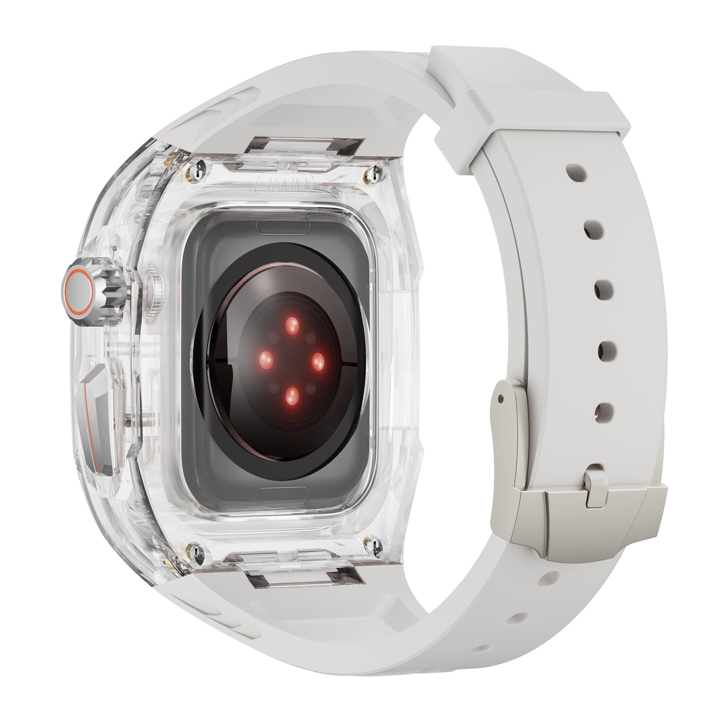 Das arktisband Apple Watch Armband "Armor Fusion" ist ein weißes Smartwatch-Zubehör mit einem transparenten Gehäuse, das Sensoren und vier rote Lichter auf der Rückseite offenbart.