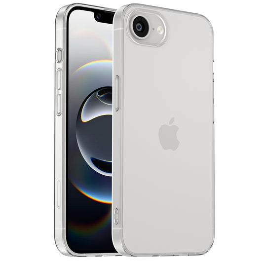 Das arktis iPhone 16e Invisible Air Case von arktis zeigt ein Smartphone im transparenten TPU-Silikon-Design. Das Gerät verfügt über abgerundete Kanten, eine einzelne Rückkamera, ein Apple-Logo und eine abstrakte Kreisgrafik auf dem Bildschirm.