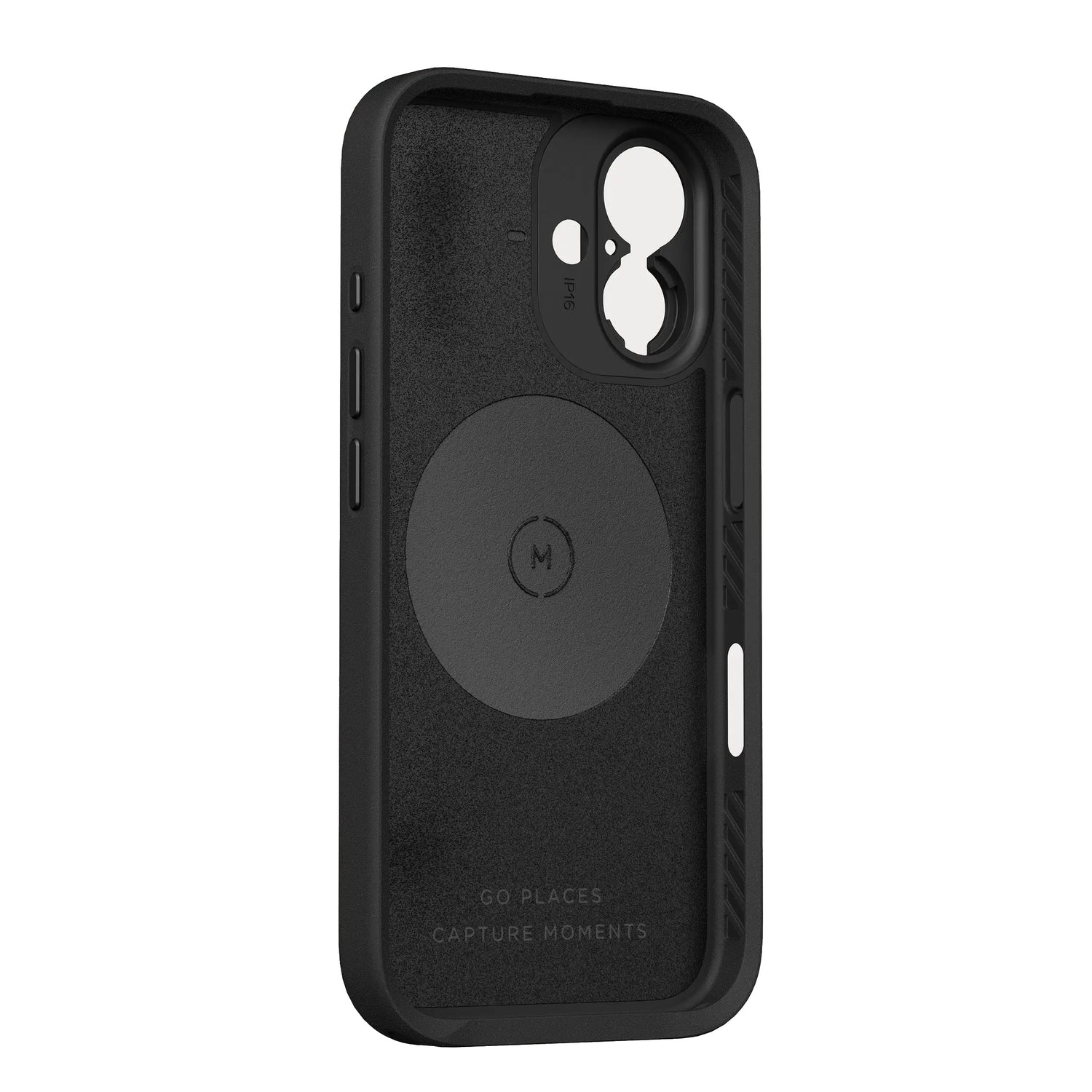 Die MOMENT Moment iPhone 16 Kameratasche MagSafe verfügt über einen kreisförmigen MagSafe-Bereich, Tastenaussparungen und Drop-In Lens Mount Kompatibilität - ideal für die Verwendung mit Moment T-Series Objektiven, hier aus einem Winkel gezeigt.