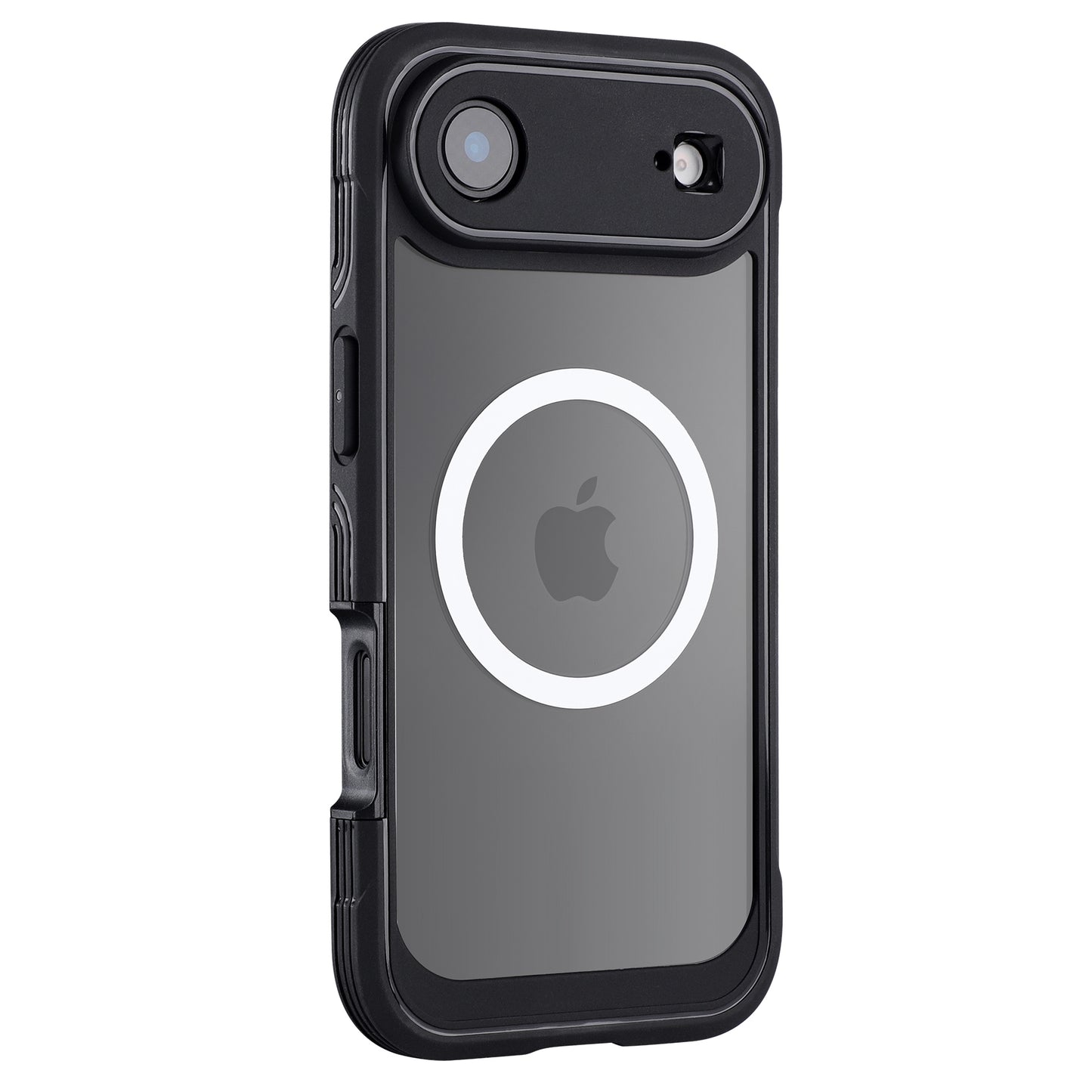 Das arktis iPhone Air Defender Case in schlichtem Schwarz mit MagSafe-Ring und Apple-Logo ist von hinten auf weißem Hintergrund abgebildet und bietet erstklassigen Displayschutz und stilvolles Design.