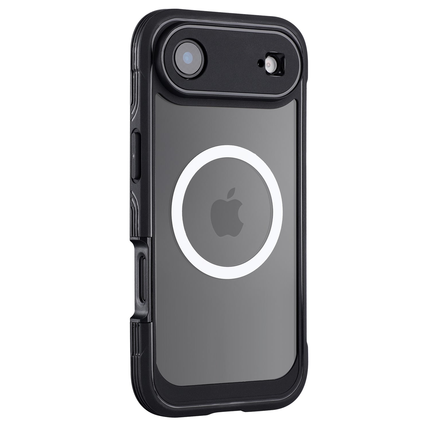 Das arktis iPhone Air Defender Case in schlichtem Schwarz mit MagSafe-Ring und Apple-Logo ist von hinten auf weißem Hintergrund abgebildet und bietet erstklassigen Displayschutz und stilvolles Design.