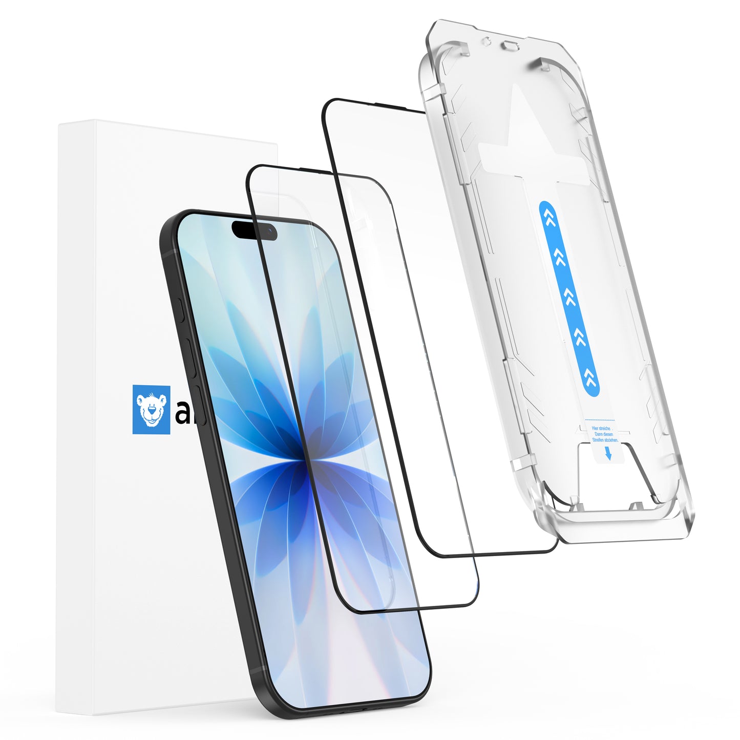Arktis iPhone 17 mit blauem Blumen-Wallpaper, zwei arktis Displayschutzfolien (staubfrei, blasenfrei), transparenter Hülle und Verpackungsbox.