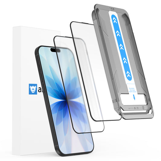 Abgebildet ist das arktis iPhone 17 MATT Displayschutzfolie Set auf weißem Hintergrund, inklusive Displayschutzfolie, Applikationsrahmen und Verpackung. Das matte, gehärtete Glas bietet eine Anti-Fingerprint-Beschichtung und lässt sich staubfrei und blasenfrei installieren.