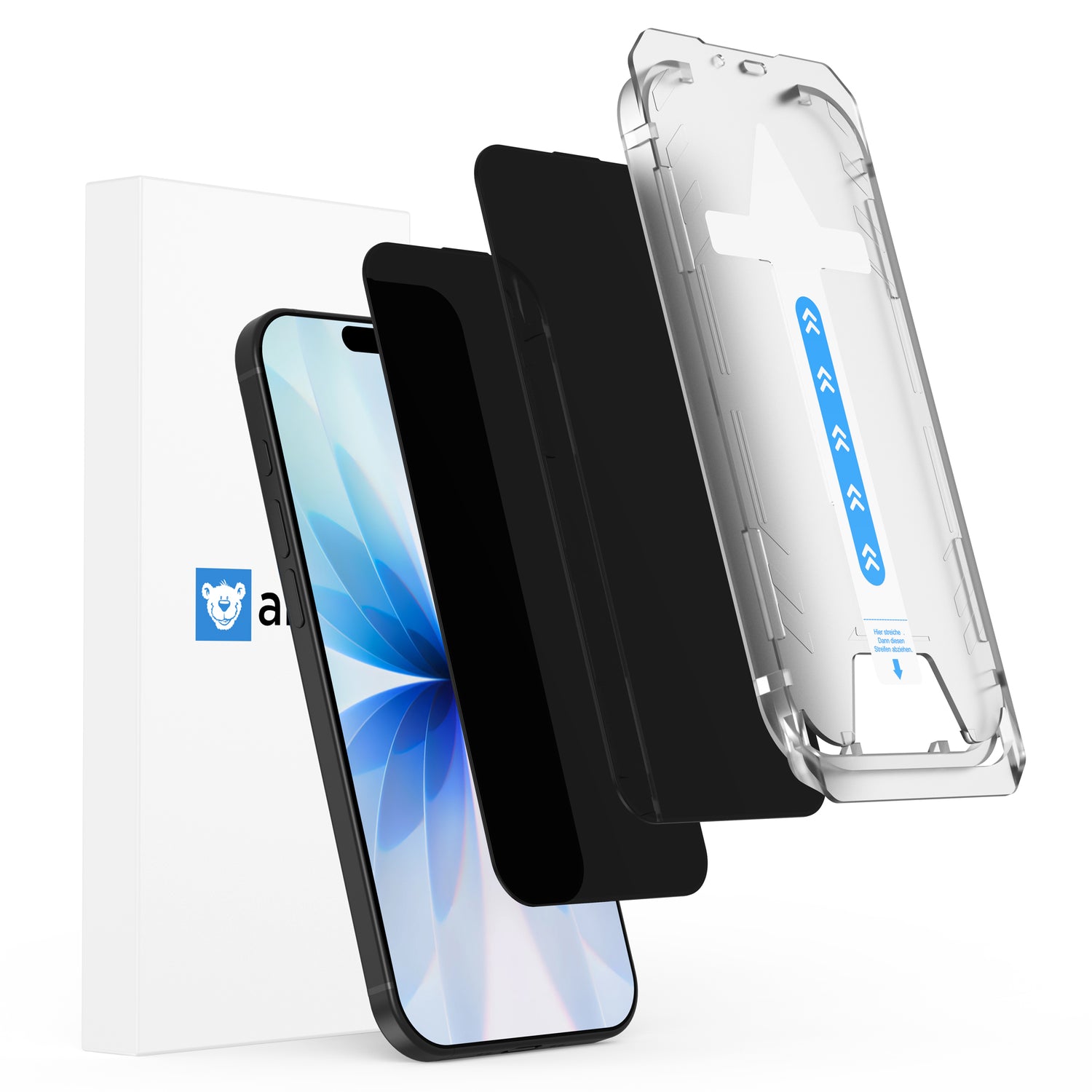 Explosionszeichnung der arktis iPhone 17 PRIVACY Displayschutzfolie - Staubfrei ohne Blasen mit schwarzem Layer, klarem Gehäuse und weißer Verpackungsbox, von arktis.