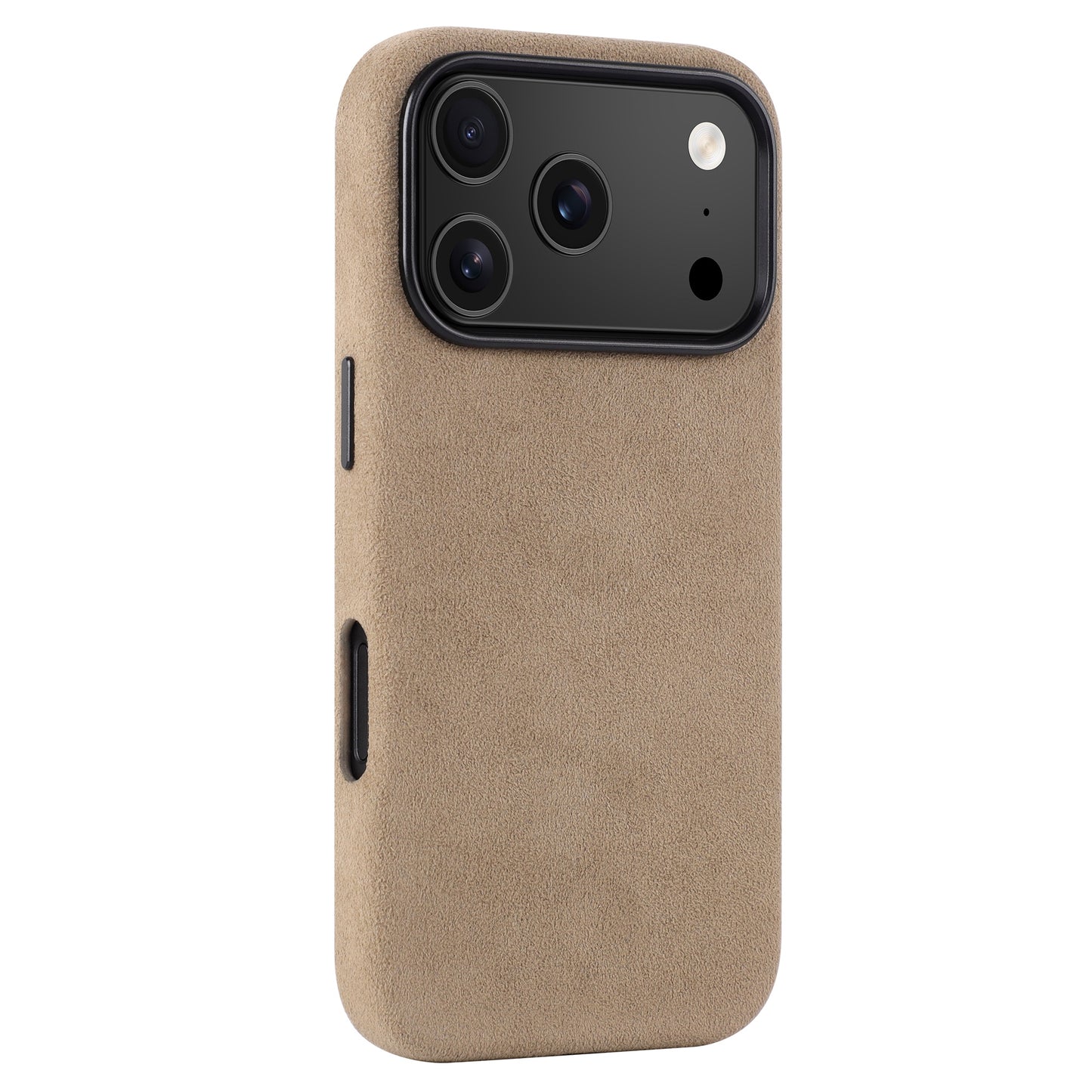 Die arktis iPhone 17 Pro Hülle aus Alcantara ist eine beigefarbene Wildlederhülle mit drei Kameraausschnitten und einem Blitzlicht, die in Italien aus hochwertigem Alcantara gefertigt wird.