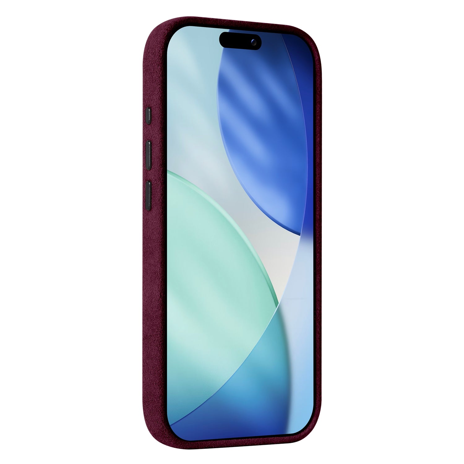 Eine arktis iPhone 17 Pro Hülle aus Alcantara in kastanienbraun, dargestellt auf einem Smartphone mit blauem und grünem abstraktem Hintergrund.
