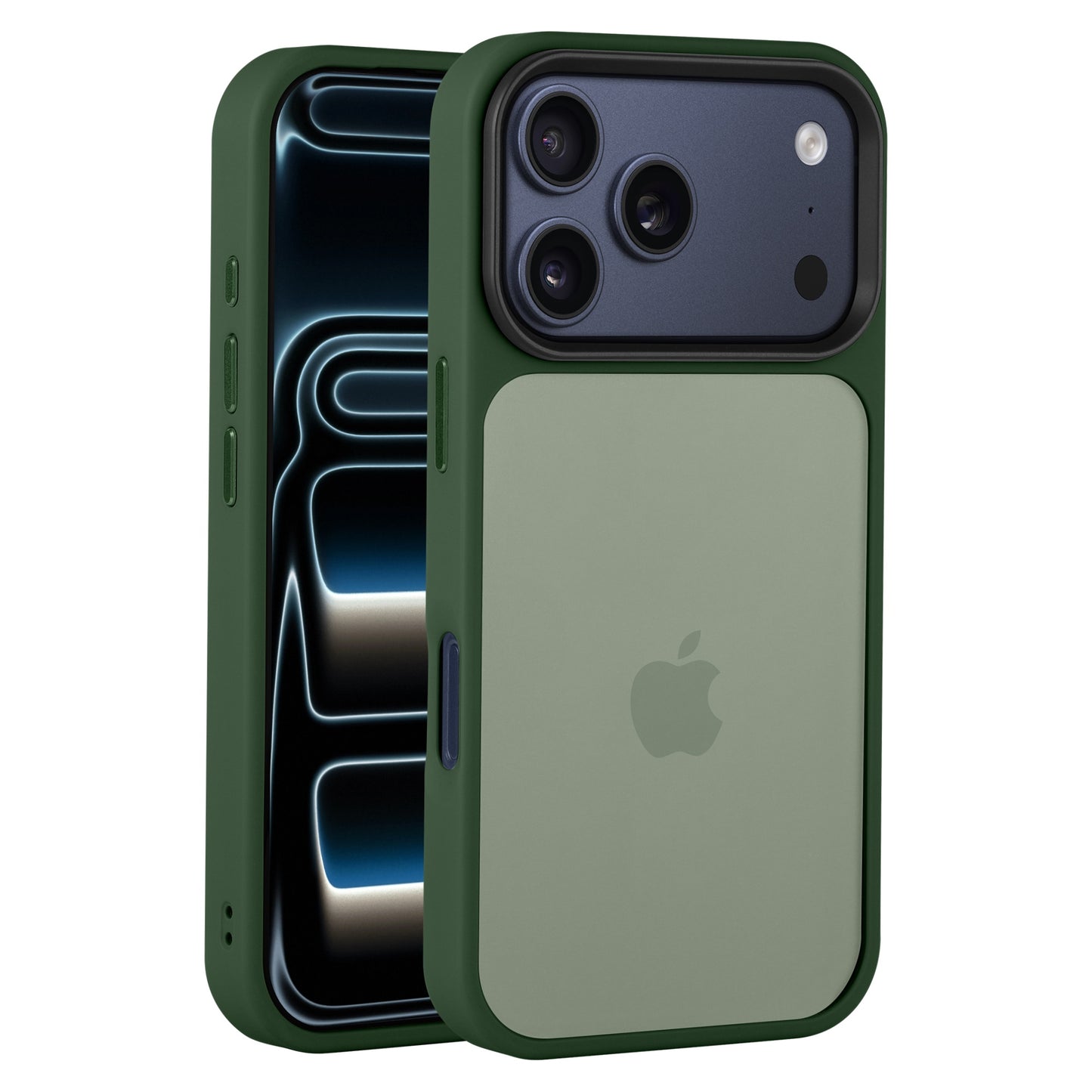 Das Arktis iPhone 17 Pro Solid Case von Arktis ist eine grüne, matte Hülle mit einem großen Kameraausschnitt und dem Apple-Logo, das auf einem iPhone 17 Pro sowohl von vorne als auch von hinten zu sehen ist.
