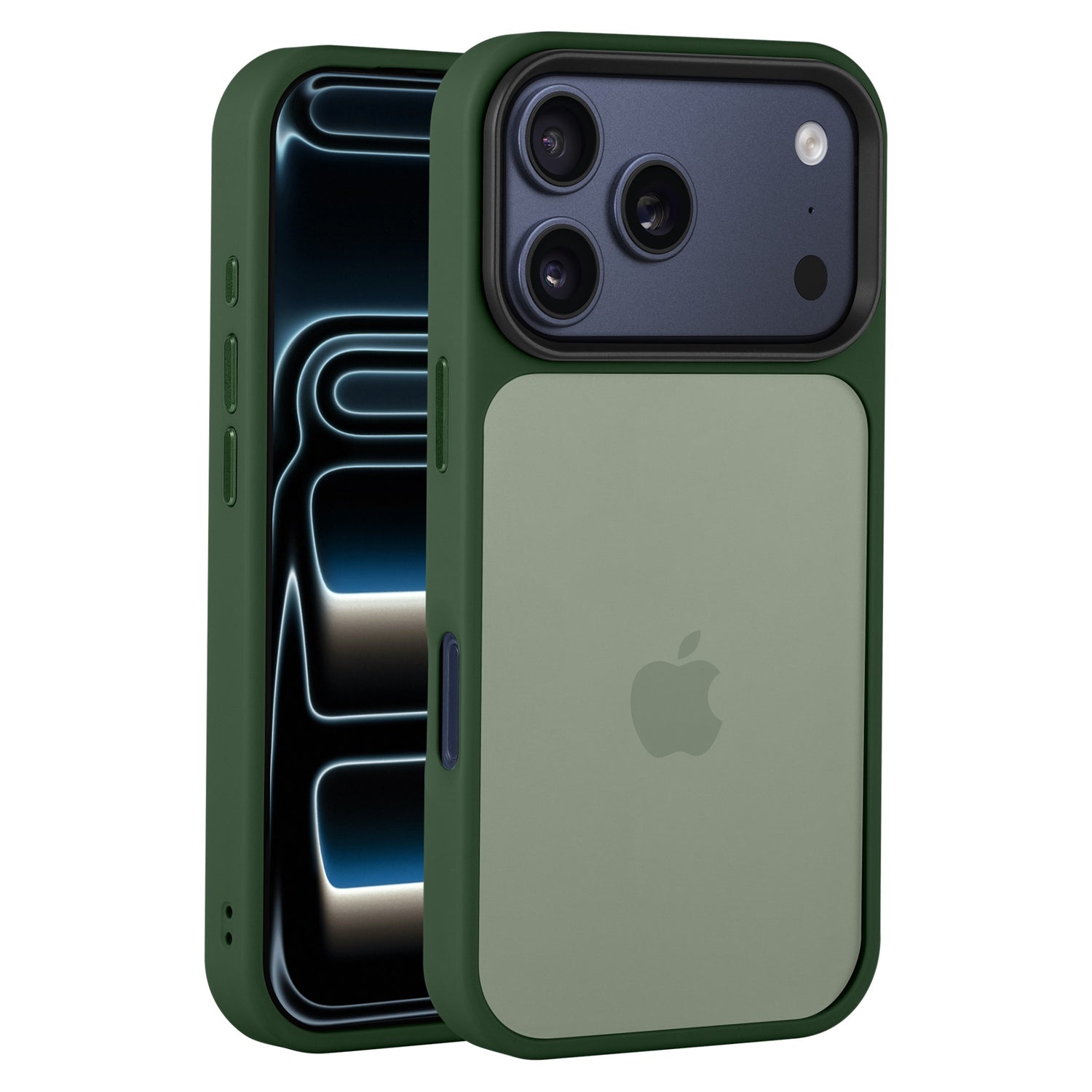 Das Arktis iPhone 17 Pro Solid Case von Arktis ist eine grüne, matte Hülle mit einem großen Kameraausschnitt und dem Apple-Logo, das auf einem iPhone 17 Pro sowohl von vorne als auch von hinten zu sehen ist.
