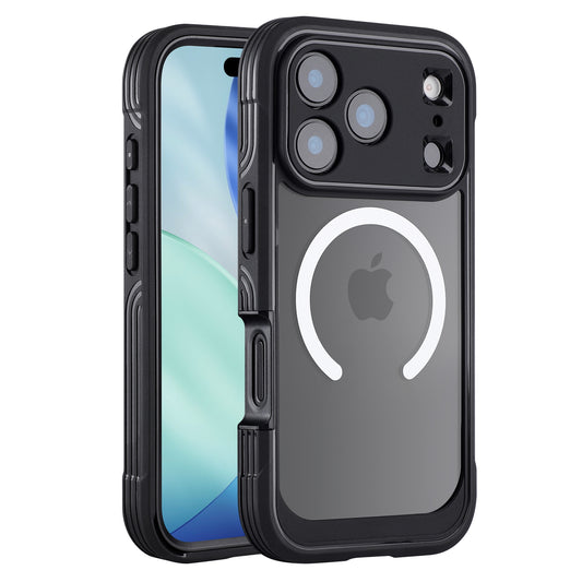 Das arktis iPhone 17 Pro Max Defender Case, eine schwarze, robuste Hülle mit MagSafe Ring, bietet 360° Schutz und Displayabdeckung. Abgebildet sind Vorder- und Rückseite mit dem iPhone im Inneren. Marke: arktis.