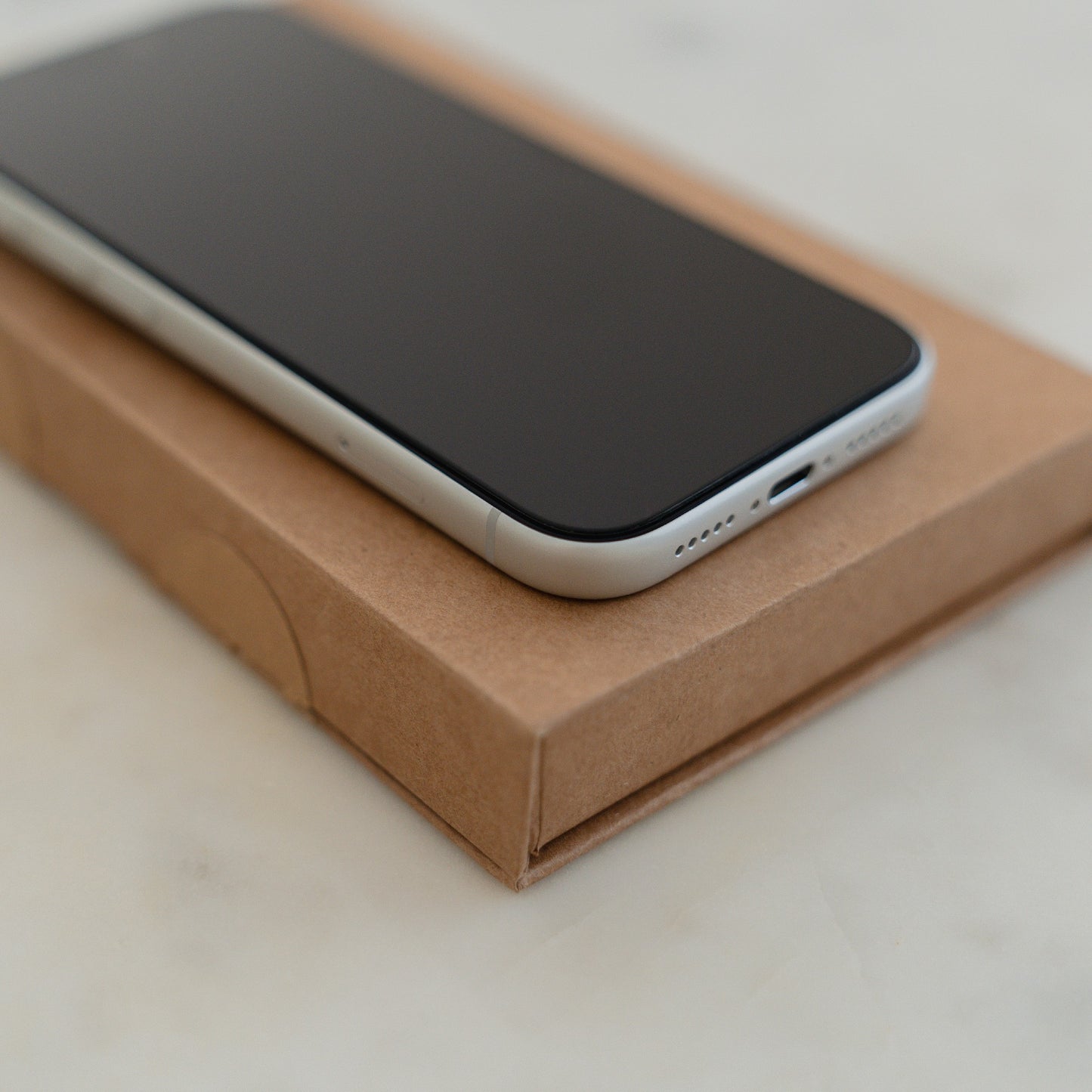 Ein arktis 2er Set iPhone 17 Pro Max REVOLUTION Glas-Displayschutz ruht auf einer geschlossenen EZ.INSTALL Box, sein schwarzer Bildschirm hebt sich auf einer hellen Fläche vom braunen Karton ab.