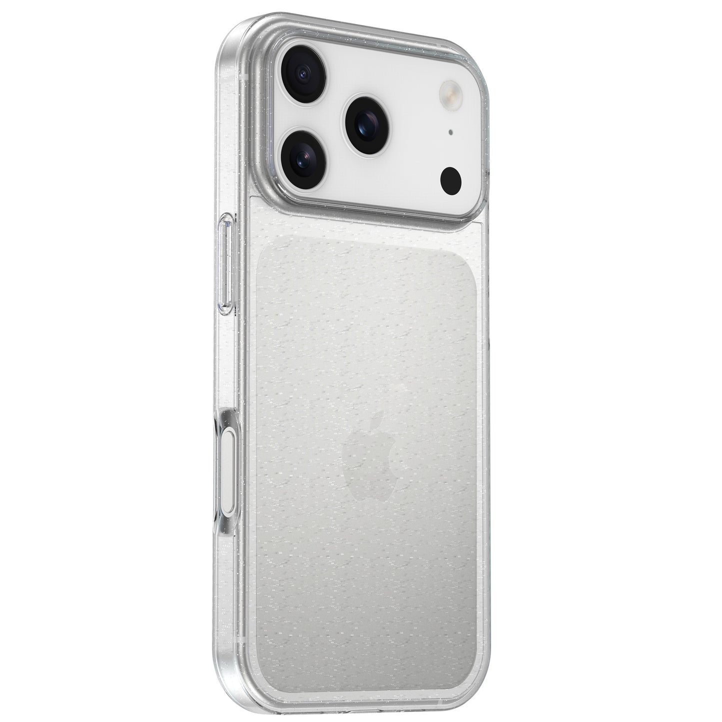 Ein silbernes iPhone mit drei Kameras im arktis iPhone 17 Pro Glitter Case, einer klaren, glitzernden Schutzhülle von arktis, von hinten betrachtet.