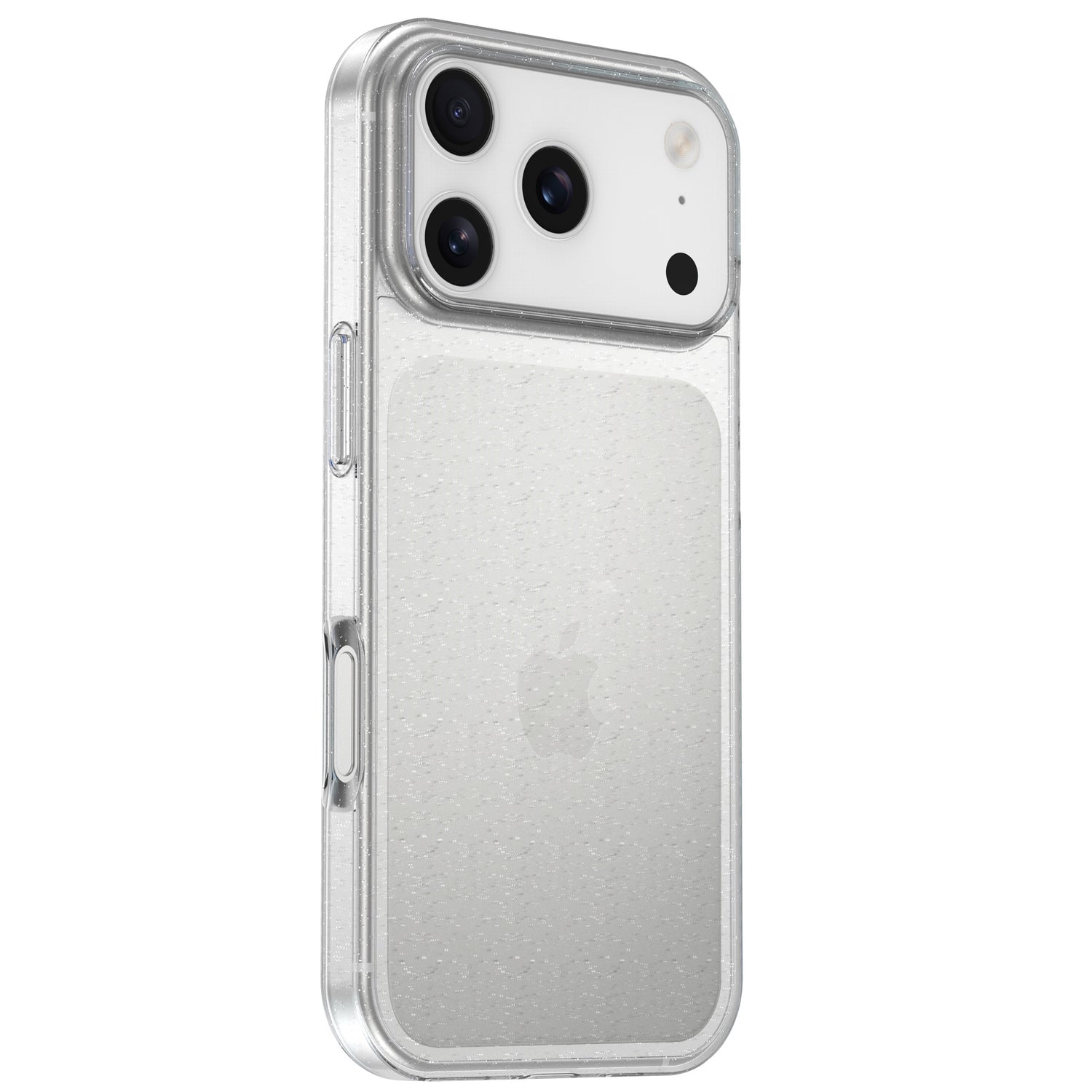 Ein silbernes iPhone mit drei Kameras im arktis iPhone 17 Pro Glitter Case, einer klaren, glitzernden Schutzhülle von arktis, von hinten betrachtet.