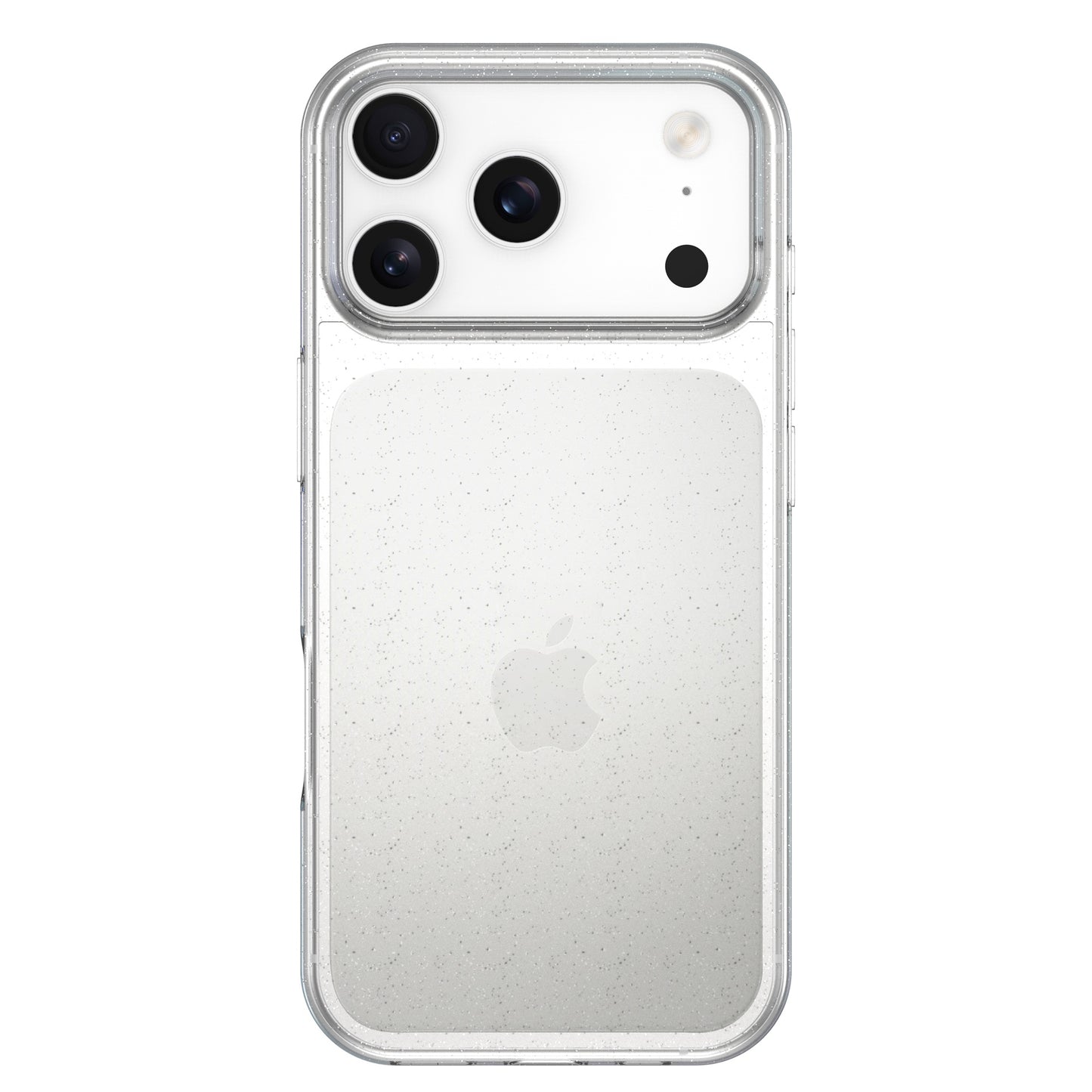 Das arktis iPhone 17 Pro Glitter Case von arktis schützt ein durchsichtiges iPhone mit drei rückwärtigen Kameras und Apple-Logo, dargestellt von der Rückseite vor einem weißen Hintergrund.