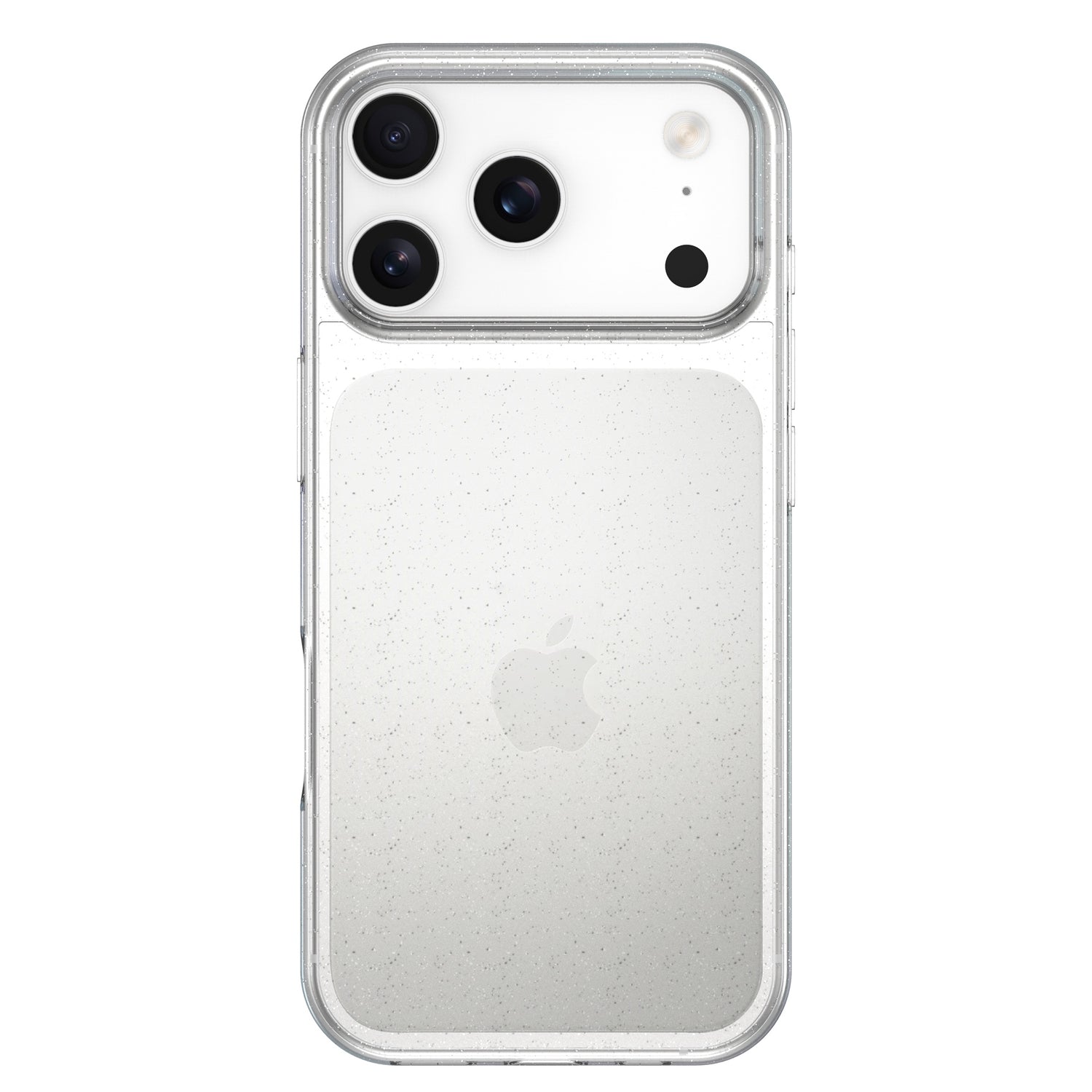 Das arktis iPhone 17 Pro Glitter Case von arktis schützt ein durchsichtiges iPhone mit drei rückwärtigen Kameras und Apple-Logo, dargestellt von der Rückseite vor einem weißen Hintergrund.