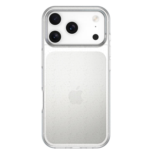 Das arktis iPhone 17 Pro Glitter Case von arktis schützt ein durchsichtiges iPhone mit drei rückwärtigen Kameras und Apple-Logo, dargestellt von der Rückseite vor einem weißen Hintergrund.