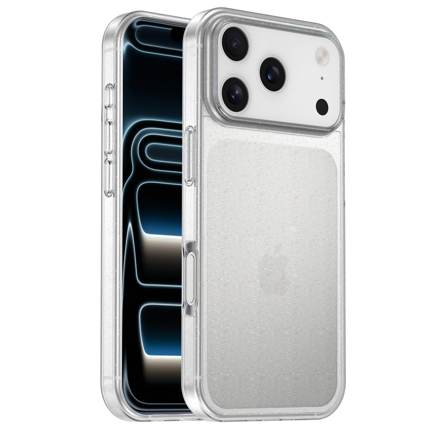 Das arktis iPhone 17 Pro Glitter Case ist eine durchsichtige TPU-Silikonhülle mit dezentem Glitzerdesign, hier abgebildet auf einem silbernen iPhone 17 Pro mit drei rückseitigen Kameras. Sie verleiht Stil und Schutz und unterstreicht gleichzeitig den ursprünglichen Look deines Telefons.